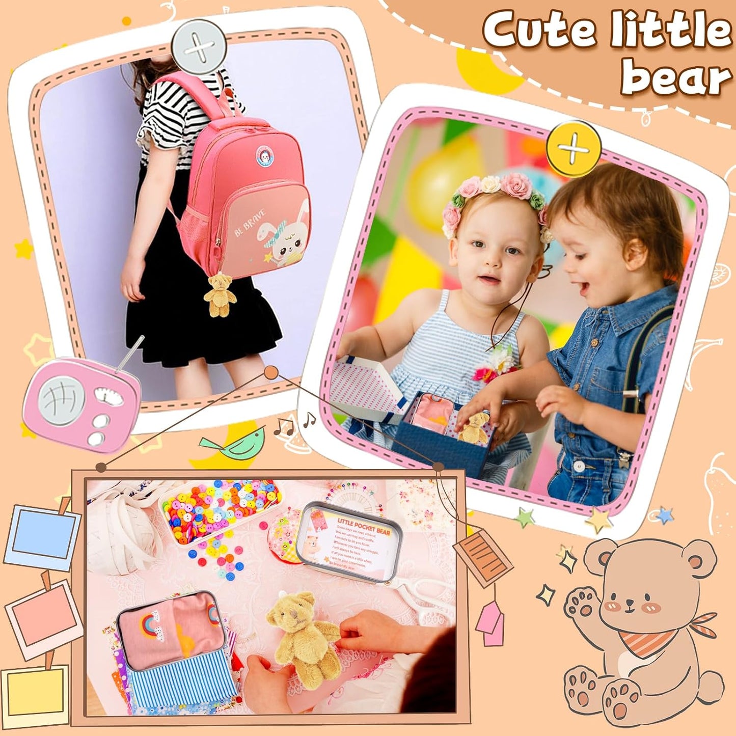 Pocket Bear in Tin Box, Pocket Hug Plush Toys, Stuffed Animad Bear Doll, Little Brown Bear, Good Luck Gifts, First Day at School Gift, Inspirational Positive Ornaments Gift for Kids Friend UK