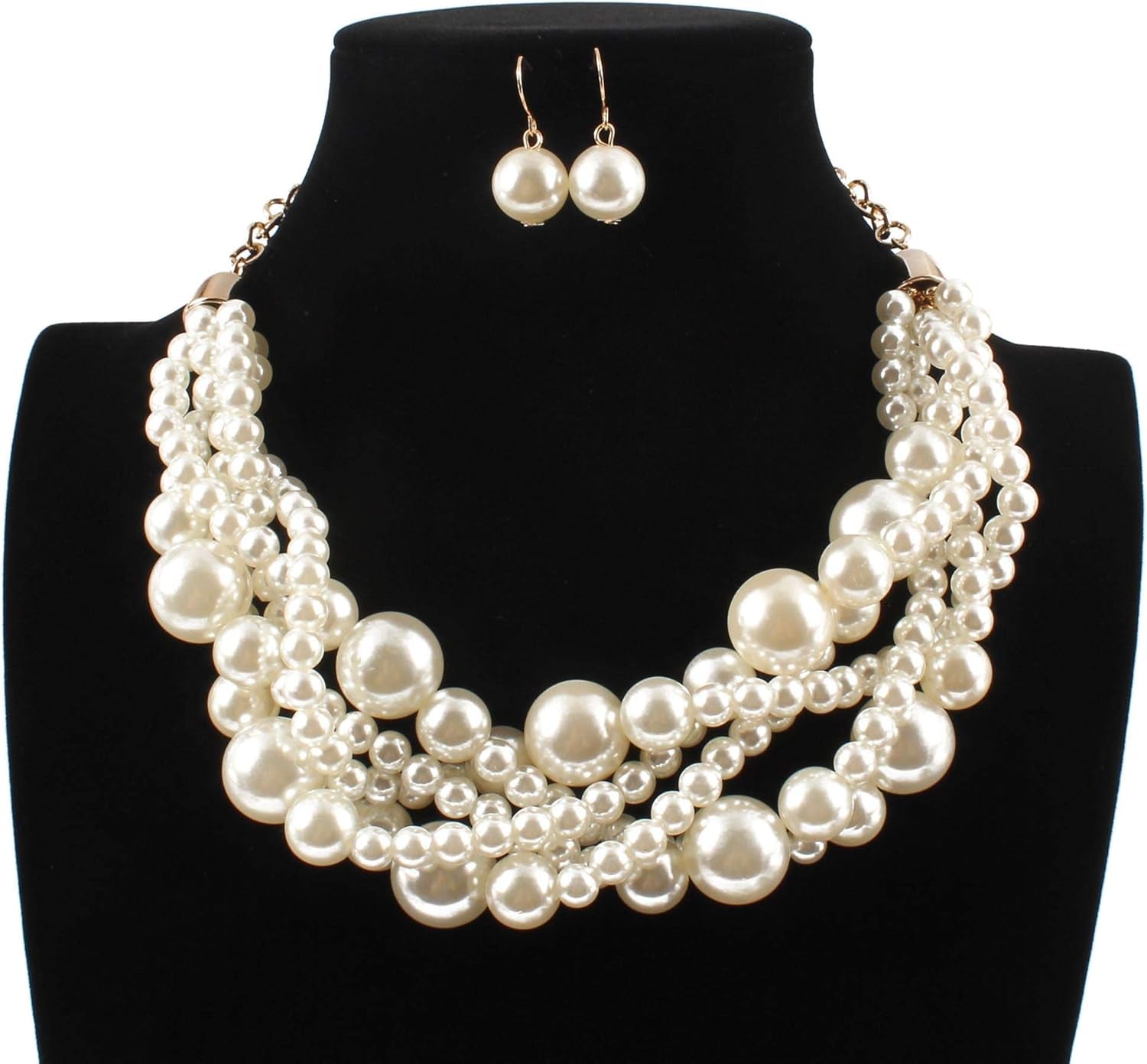Fashion Faux Pearl Statement Chunky Bib Choker Necklace and Earring Set for Women Gift