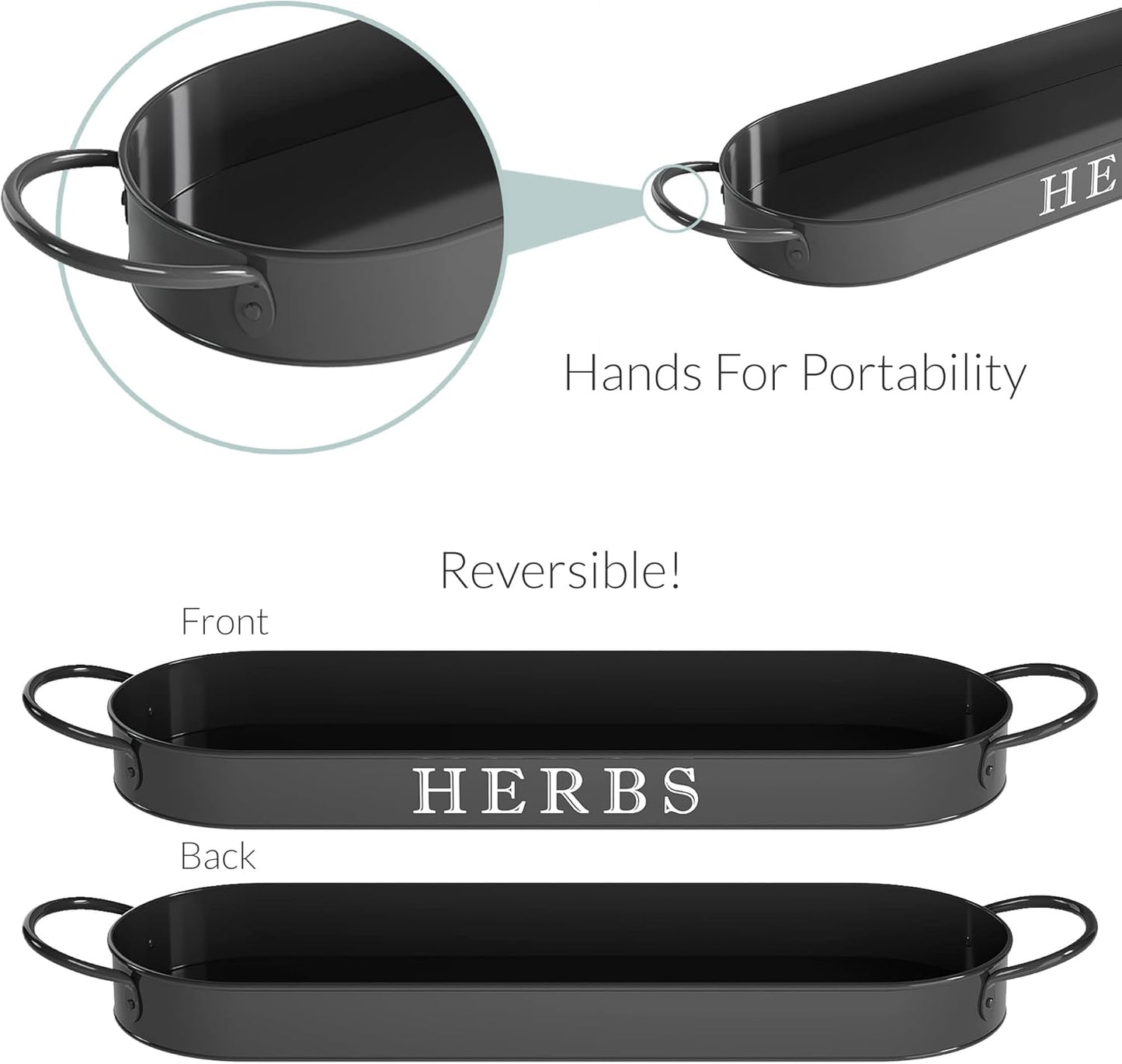 Indoor Herb Garden Planter Set with Tray, Metal Windowsill Plant Pots with Drainage for Outdoor or Indoor Plants, Set/3 (Black)