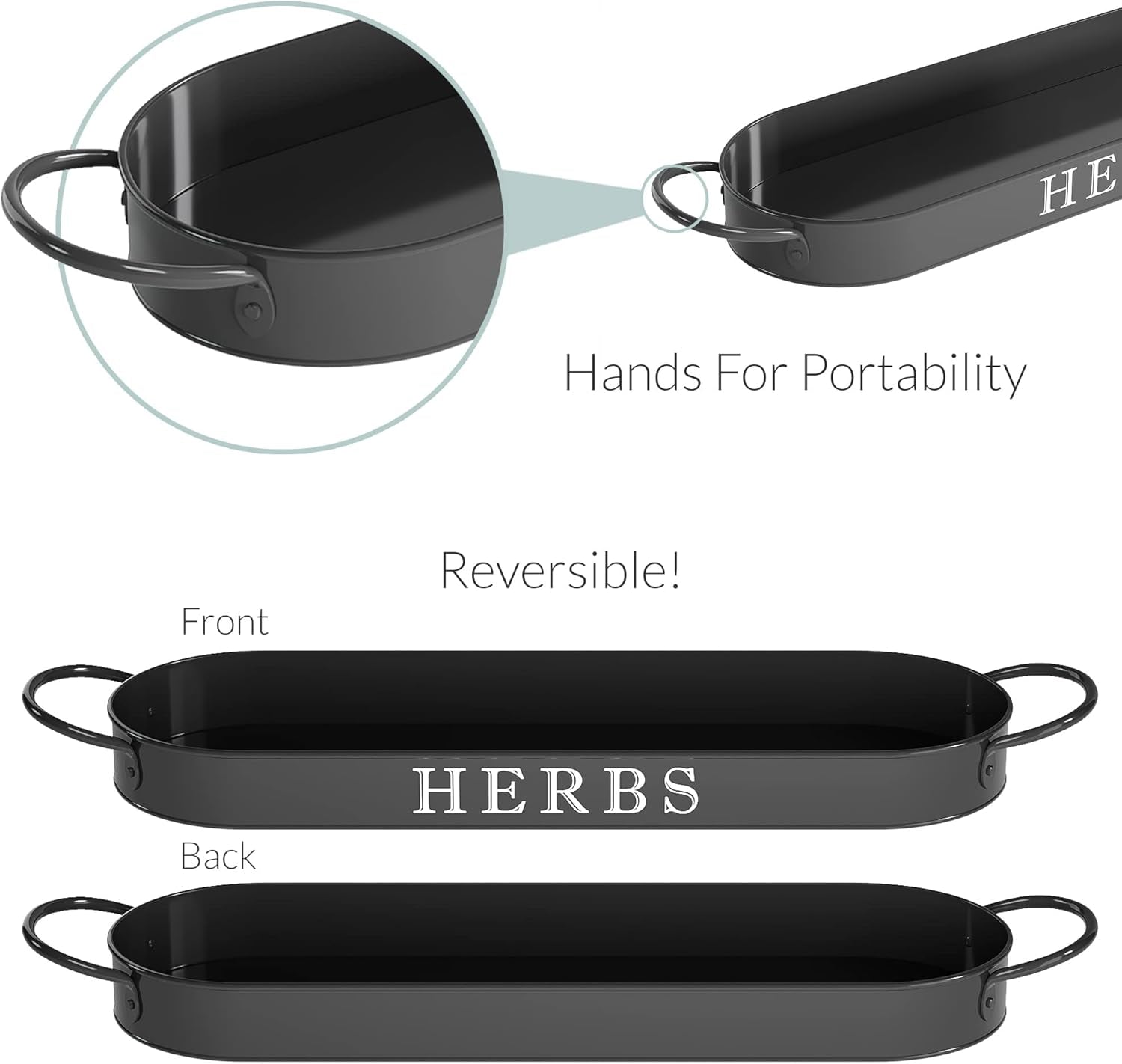 Indoor Herb Garden Planter Set with Tray, Metal Windowsill Plant Pots with Drainage for Outdoor or Indoor Plants, Set/3 (Black)