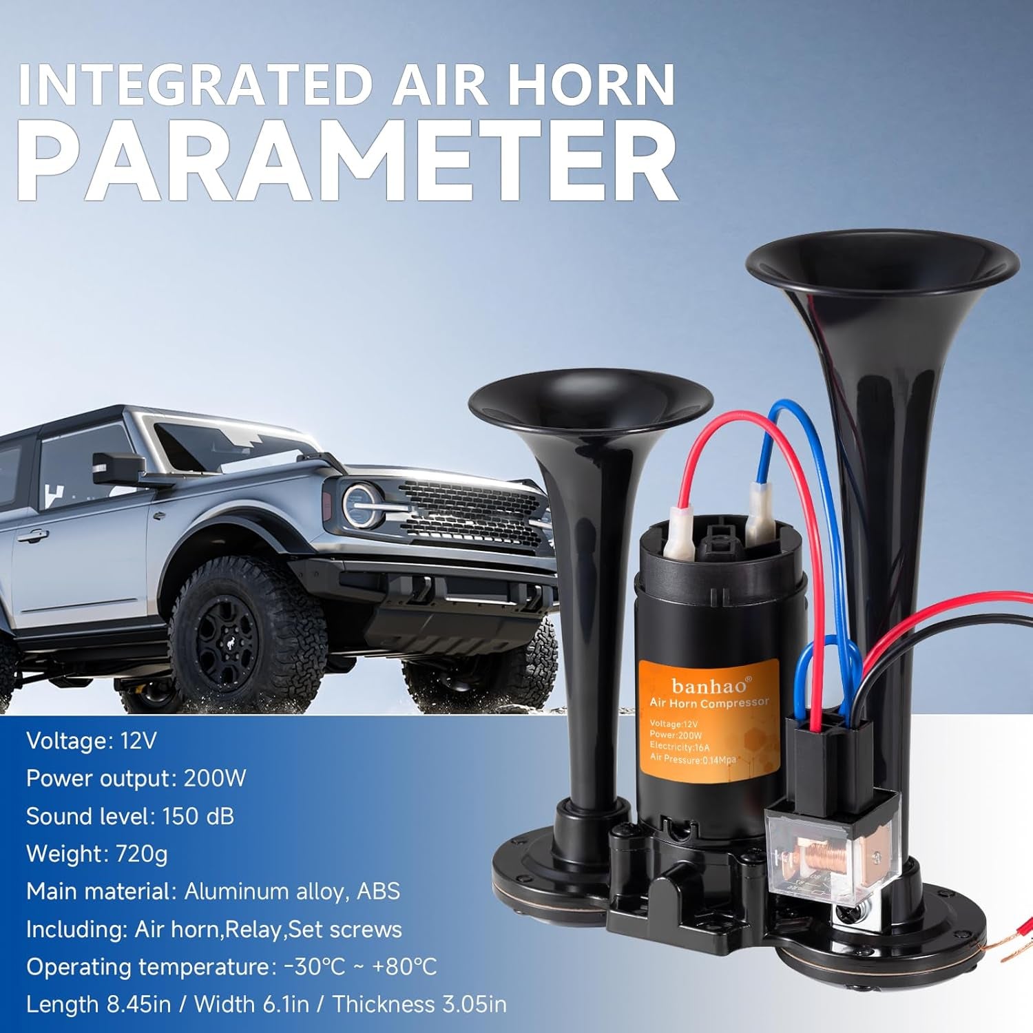 Electric Air Horn for Truck 150Db Super Loud Black Horns Dual Trumpet with Compressor for Any 12V Vehicles Trucks Motorcycle Pickup Trains Cars Boats (Black Integrated Air Horn) TRUCK DRIVER