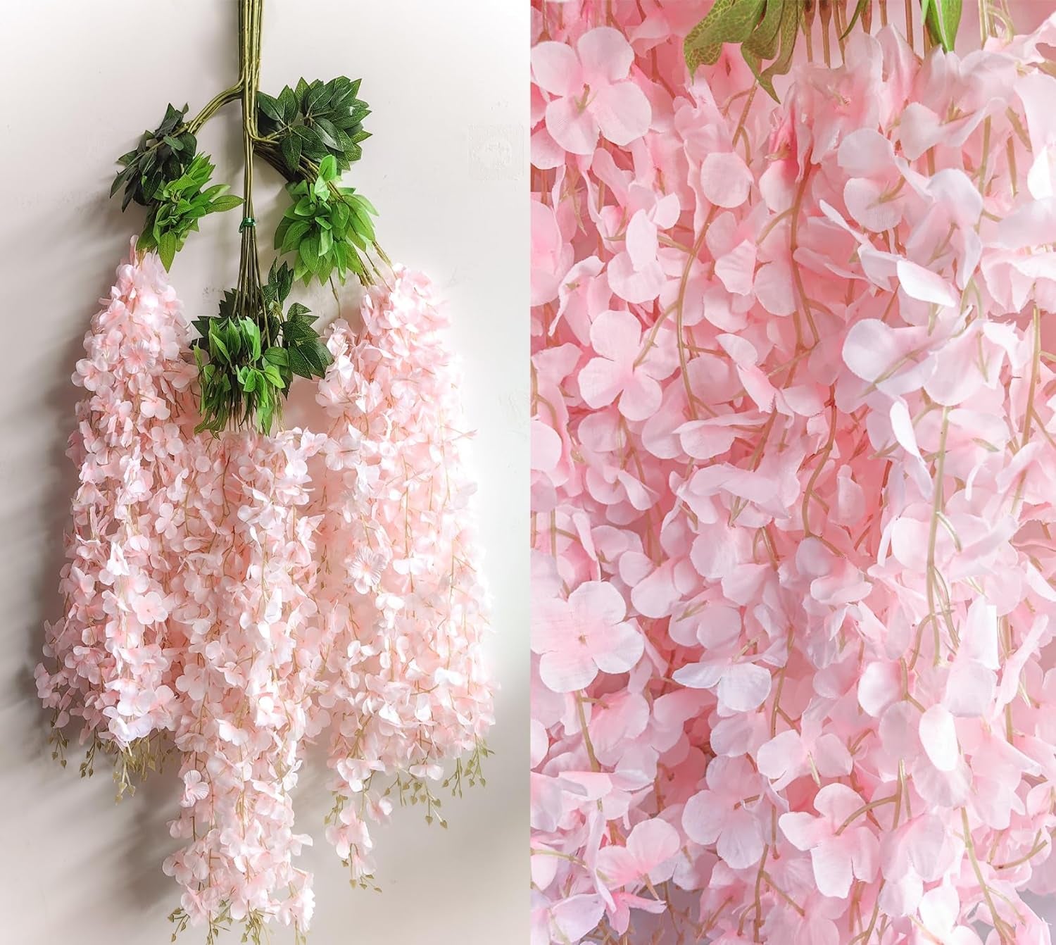 Wisteria Hanging Flowers 24 Pack Artificial Flowers Fake Wisteria Vine Rattan Hanging Garland Silk Flowers String for Party Home Wall Greenery Wedding Decor (Light Pink)