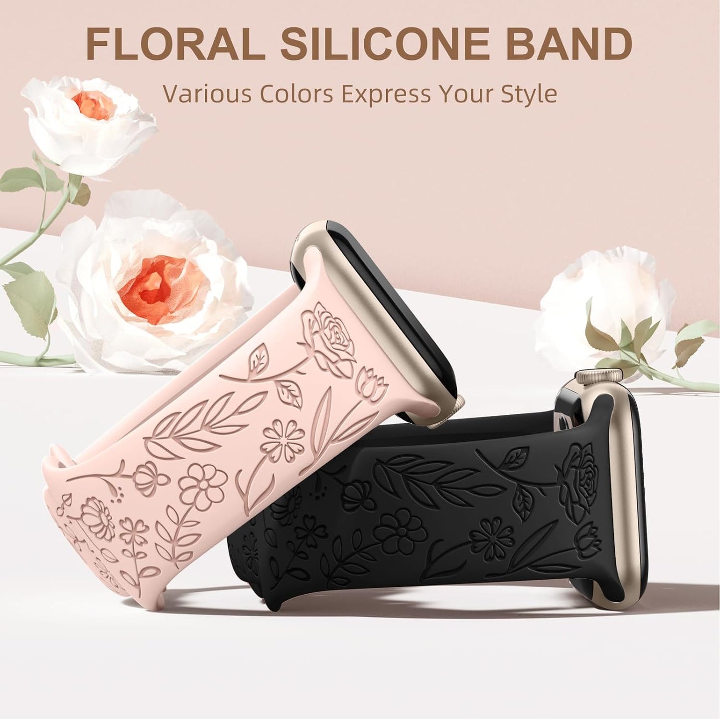 4 Pack Floral Engraved Band Compatible with Apple Watch Band 38Mm 40Mm 41Mm 42Mm 44Mm 45Mm 49Mm Women, Soft Silicone Cute Flower Pattern Sport Strap for Iwatch Bands Series 9 8 7 6 5 4 3 2 1 SE