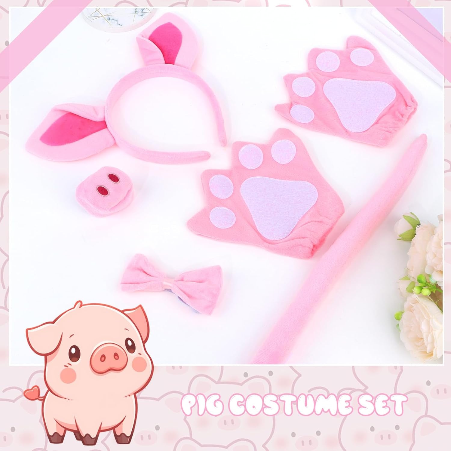 Pig Costume Set Pig Ears Headband, Pig Nose, Bowtie, Tail & Paw Gloves Pink Pig Costume Accessories Set Fancy Dress Costume Accessories for Halloween Dress up Play Party Carnival World Book Day