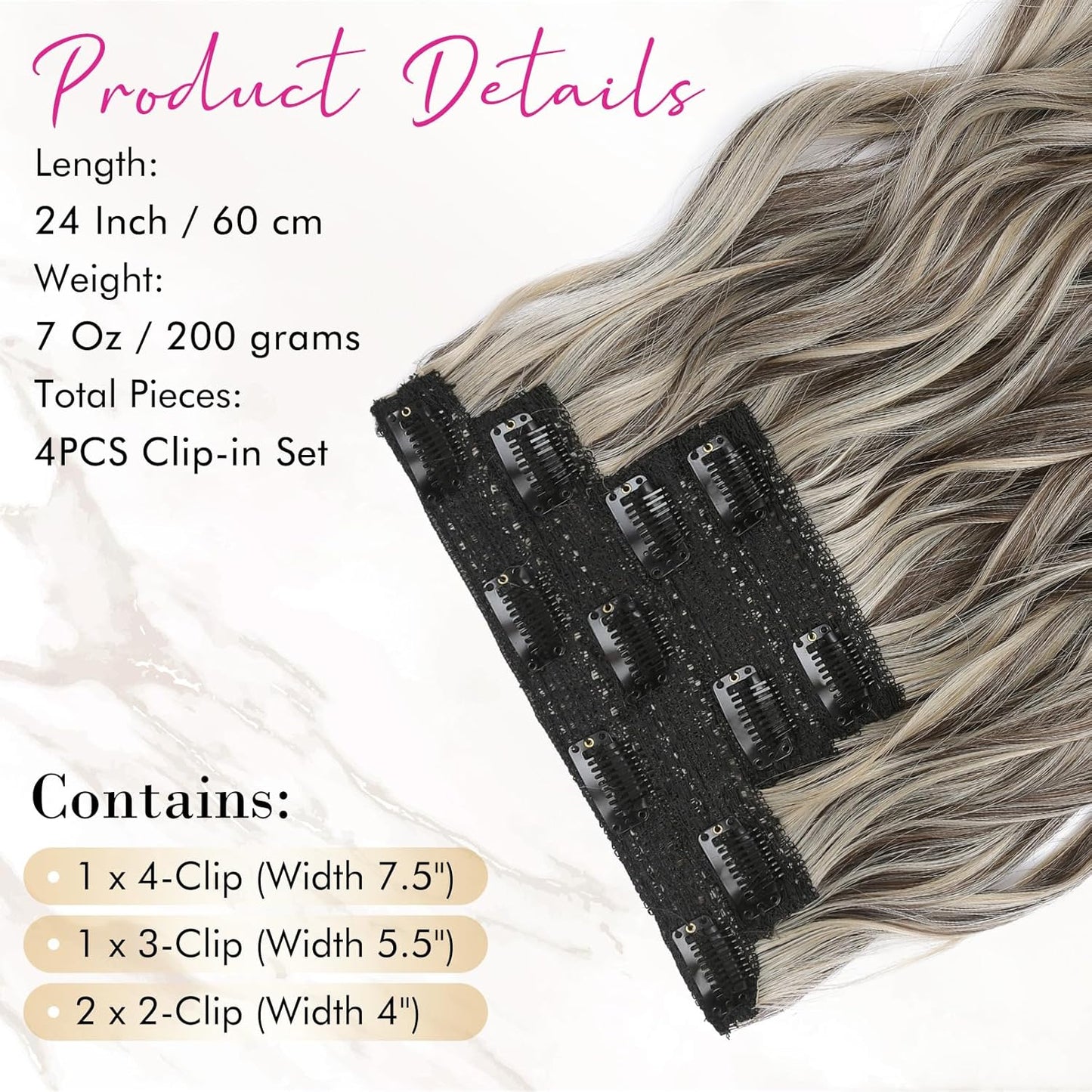 Hair Extensions, 4PCS Clip in Hair Extensions 24" Thick Long Beach Waves Hair Extensions HE003 Invisible Lace Weft Natural Soft Synthetic Hairpieces for Women – Ash Brown with Highlights