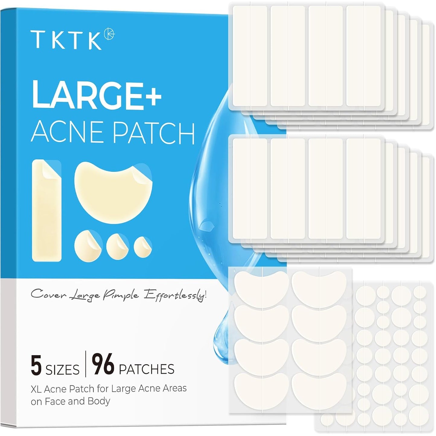 Large Pimple Patches for Face, XL Acne Patches 60 X 20 Mm, Big Hydrocolloid Bandages for Body, Forehead, Chin, Neck Zit Breakouts, Hydrocolloid Patch (Strip, Contoured, Dot 5 Sizes 96 Count)