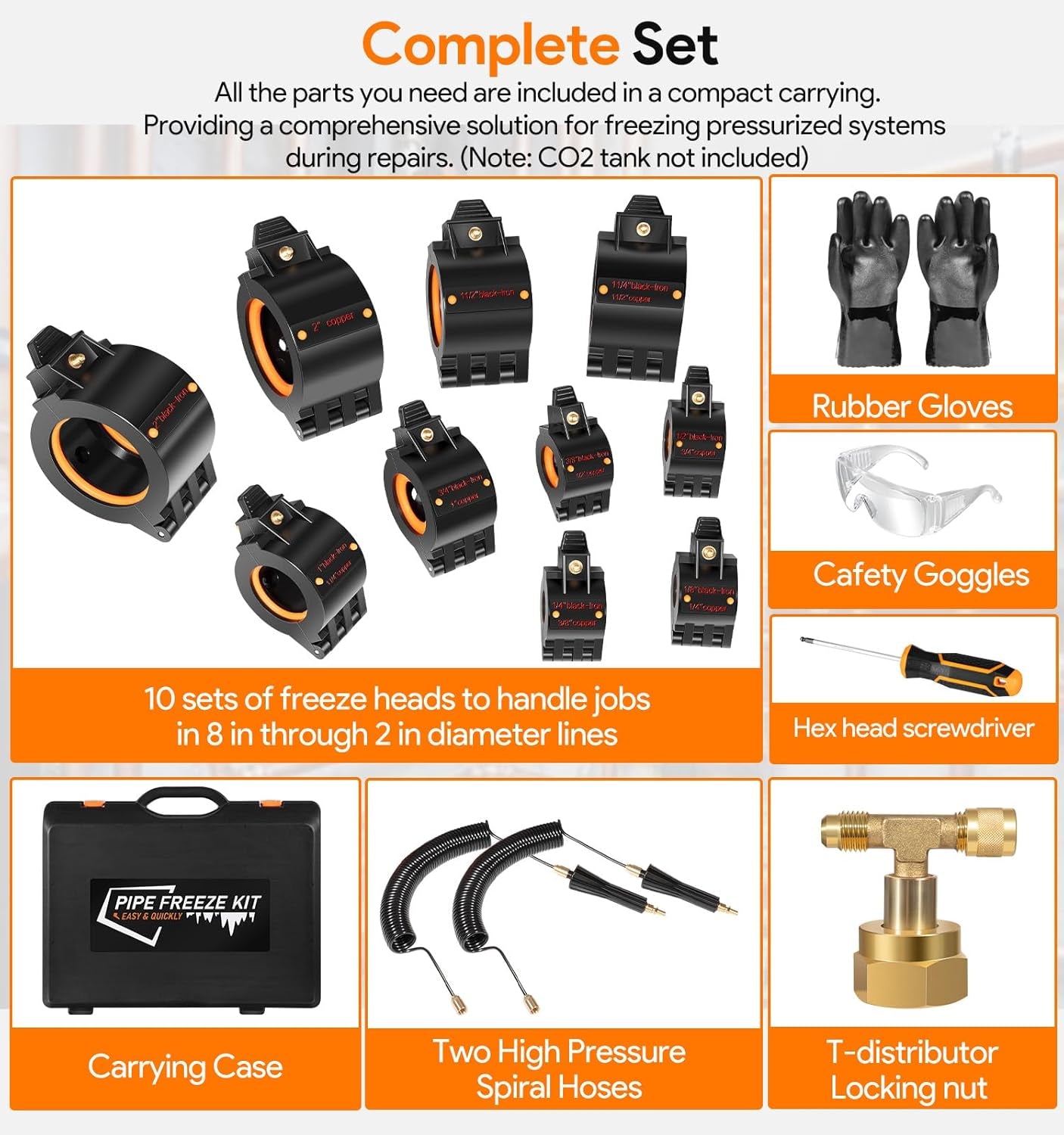 CST2 General Cold-Shot Pipe Freeze Kit - Upgraded CO2 Water Pipe Plumbing Line Freezing Repair Kit from 1/8" to 2" for Copper Steel Aluminum Cast Iron