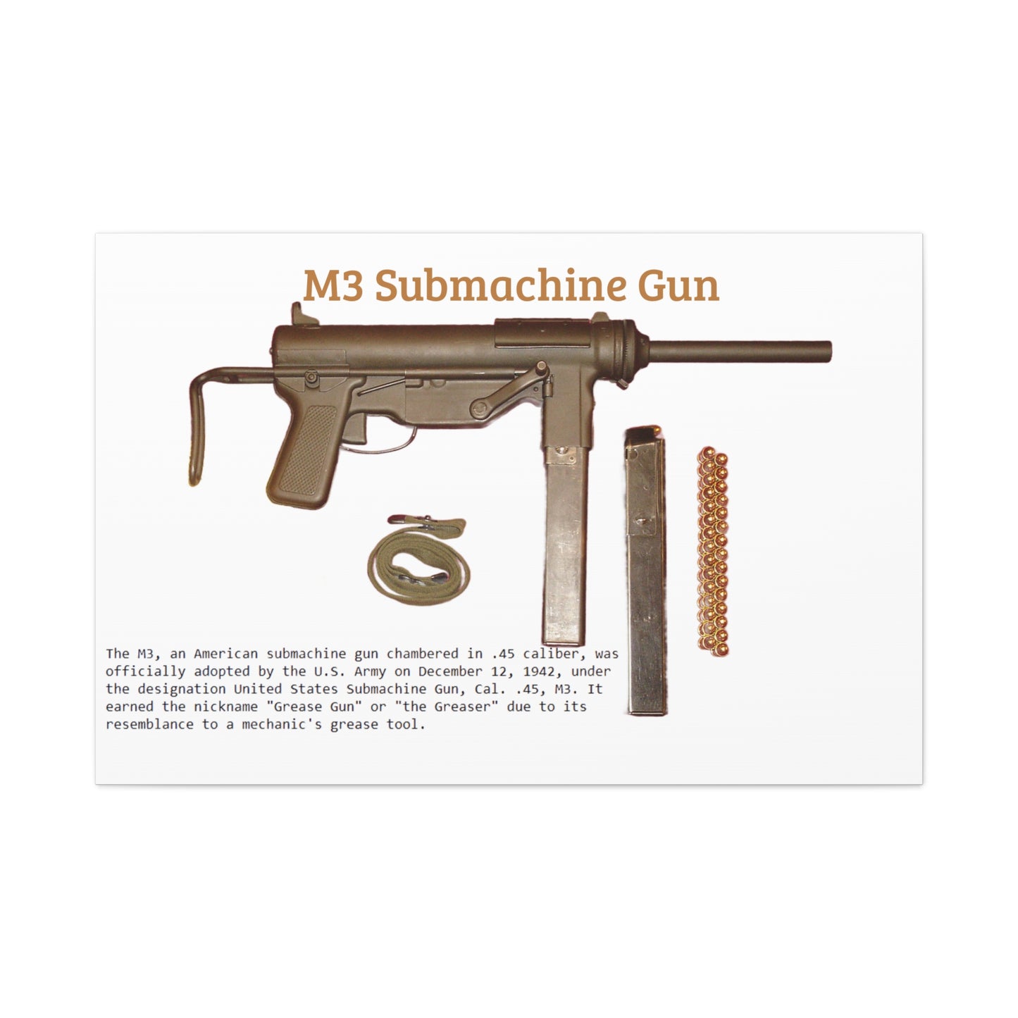 Grease Gun M3 submachine gun Matte Canvas, Stretched, 1.25"