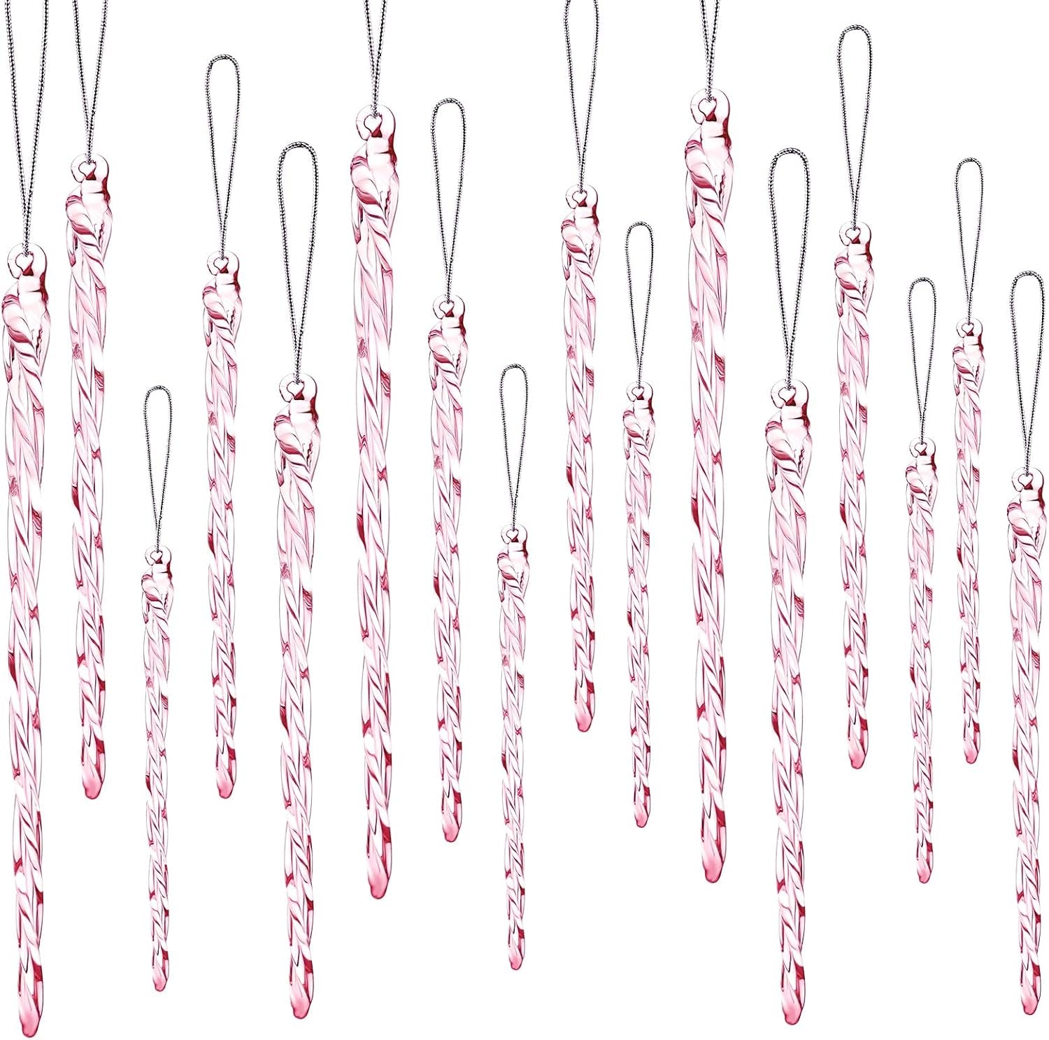 Glass Icicle 3.5-7.8 Inch Twisted Glass Icicle Christmas Ornaments Icicle Decorations Hanging (Pink,25 Pcs)