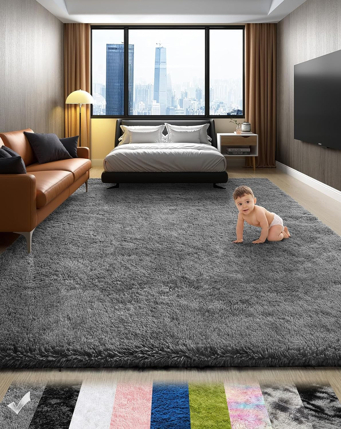 Area Rugs 9X12 Living Room, Large Grey Bedroom Carpet, Big Shag Indoor Thick Soft Nursery Rug, Gray Fluffy Carpets for Boy and Girls Room Dorm Home Decor Aesthetic