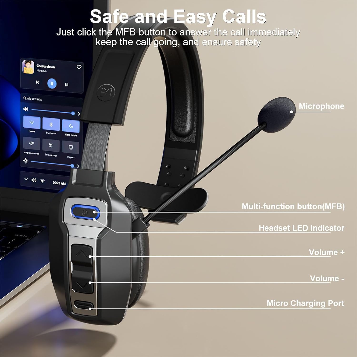 Bluetooth Headset, Trucker Bluetooth Headset with AI Noise Cancellation Microphone & Mute Button, Trucker Headset with 65 Hrs Working Time, Bluetooth 5.2 Multitasking for Truck Drivers/Phone TRUCK DRIVER
