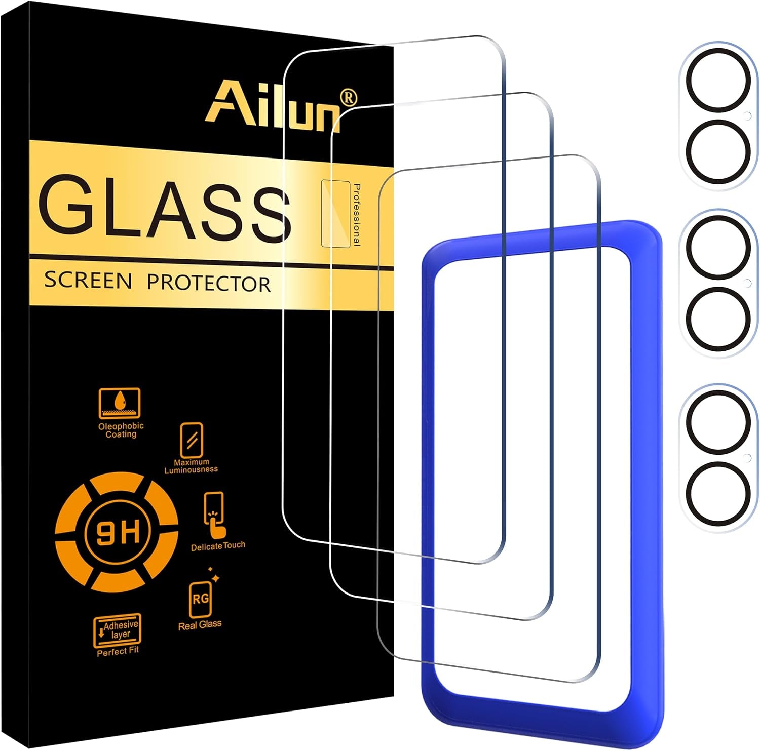 3 Pack Screen Protector for Iphone 16 [6.1 Inch] + 3 Pack Camera Lens Protector with Installation Frame,Case Friendly Tempered Glass Film,[9H Hardness] - HD [6 Pack]