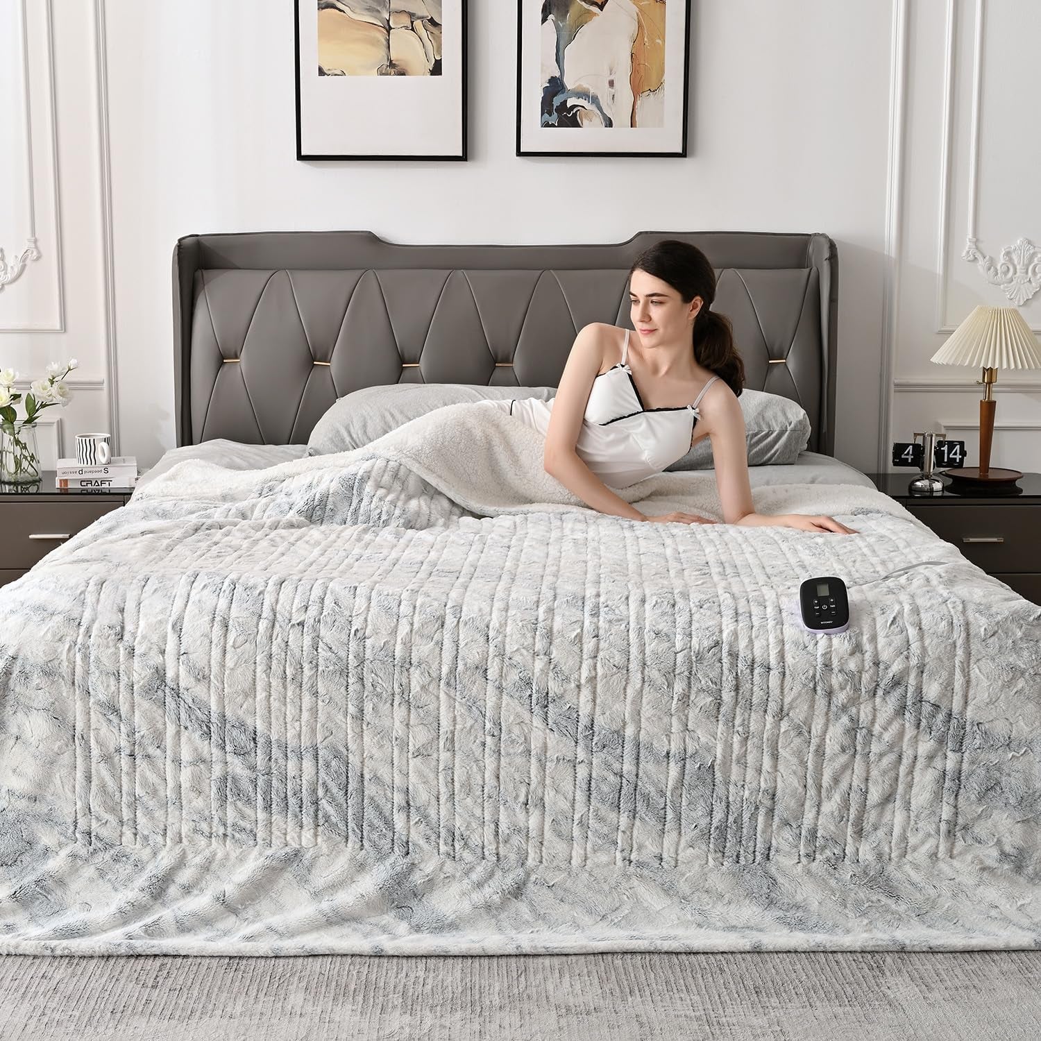 [5 Year Warranty Heated Blanket King Size, Dual Control, Electric Blanket 90"X 100", Double-Sided Faux Fur&Sherpa, Overheat Protection, 10 Heating Levels & 12H Auto Off, CPF, Home Office