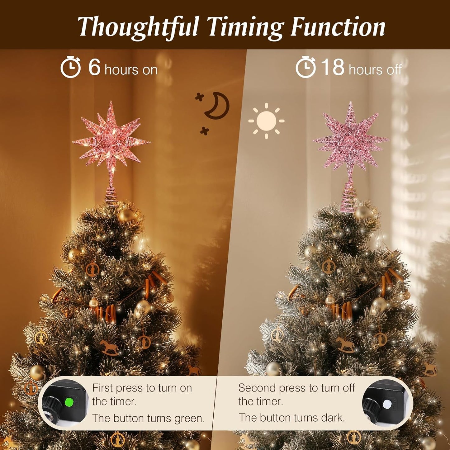 Christmas Star Tree Topper, 3D Star Plugged Decorative Treetop with LED Light Beads for Home Holiday Xmas Decor 6-Hour Timer Function 5M Cable, Pink