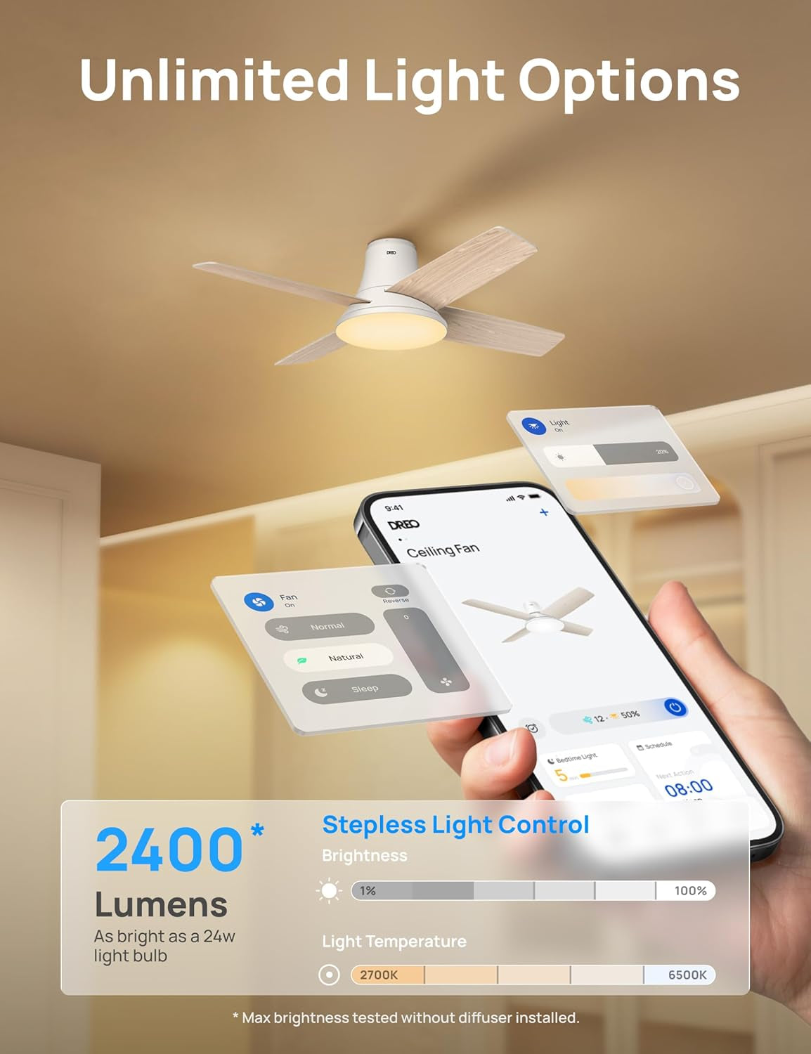 Smart Ceiling Fans with Lights and Remote, 12 Speeds & 3 Fan Modes, Quiet DC Motor, Easy to Install, Dimmable LED Ceiling Fans with App/Alexa Control, 12H Timer for Home, Indoor, White, 44''