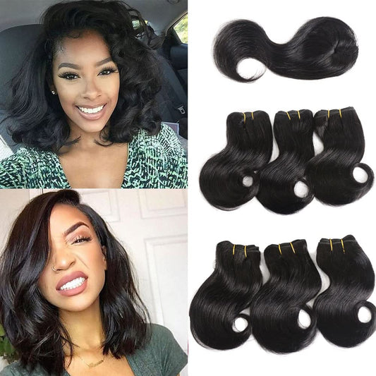 Hair Beauty Short Brazilian Virgin Hair Body Wave 6Pcs Bundles with Closure 8Inch Bob Weave Human Hair with Closure Short Hair Extensions Natural Black (8 Inch (Pack of 6), 1B)