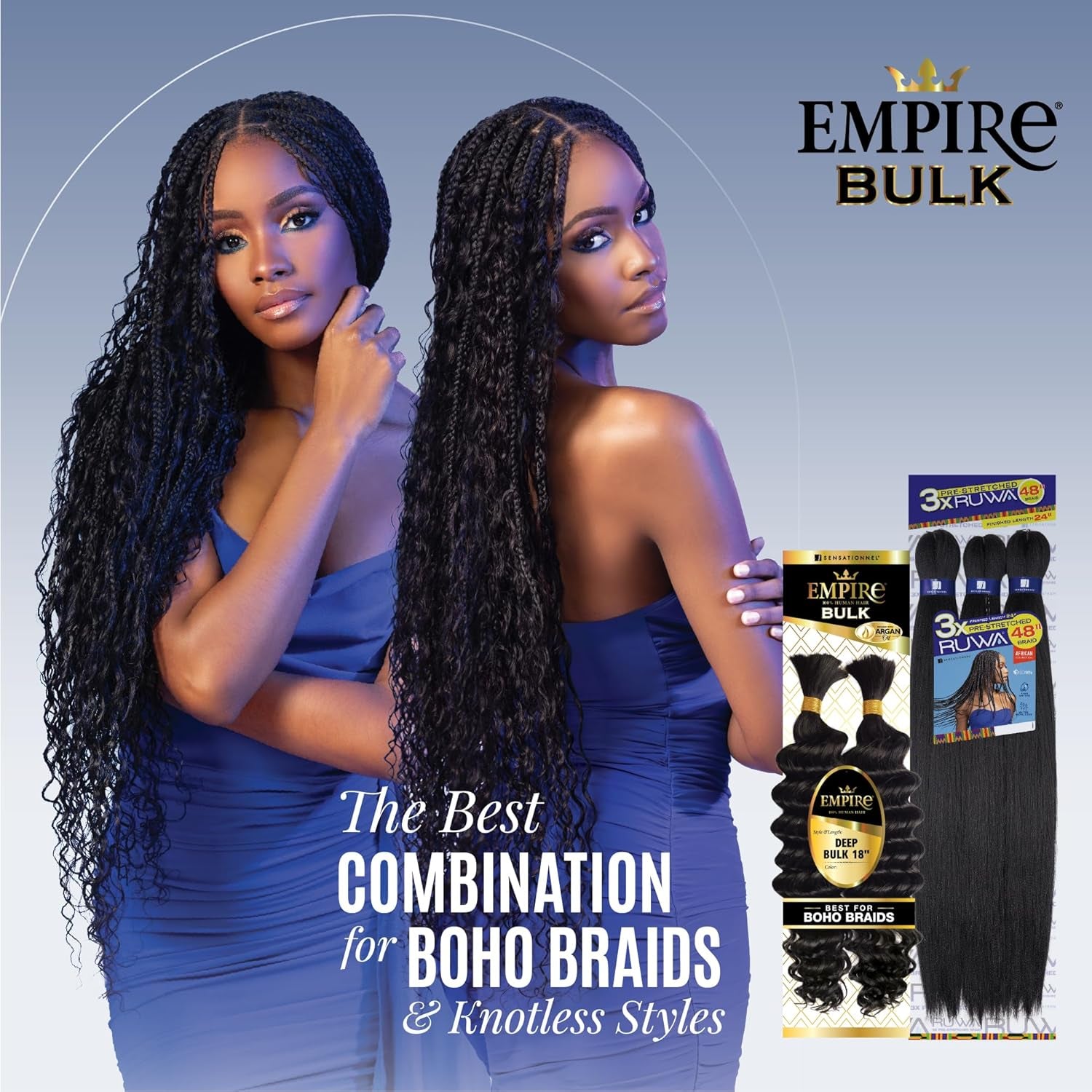 Empire Bulk Hair Braiding – Deep Bulk 18Inch Human Hair Boho Braids with for Knotless Box or Curly Loose Wave - HH Empire Deep Bulk (18 Inch, 1 JETBLACK)