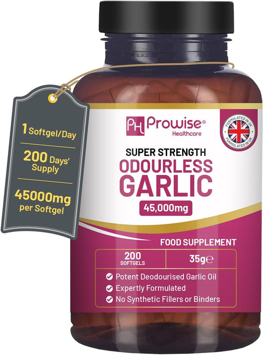 Premium Odourless Garlic Capsules | 45,000Mg per Softgel | 200 Softgels (Not Tablets) Super High Strength | Cold Pressed and Deodourised Premium Garlic Oil Extract from Allium Sativum TLBH