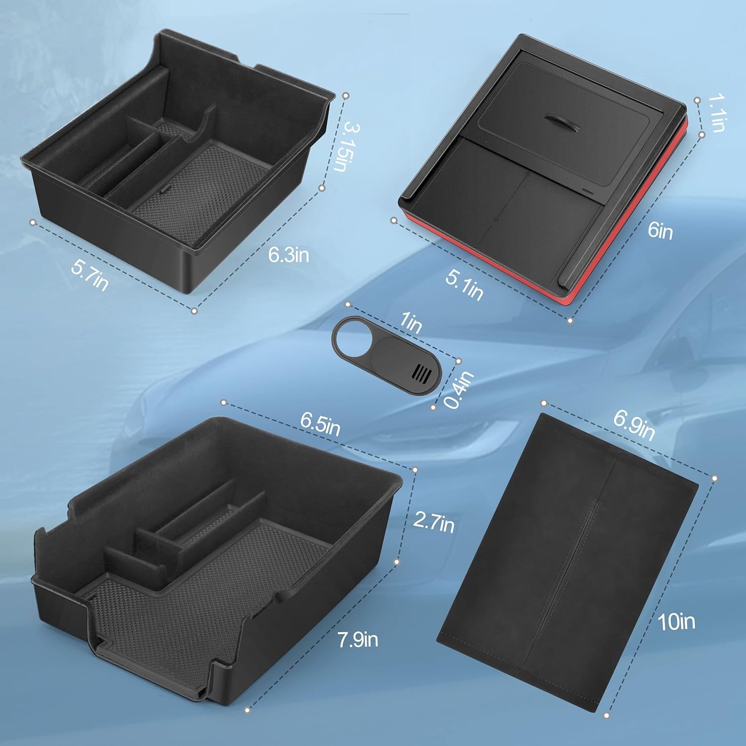 5Pcs 2023 Upgraded Center Console Organizer Tray Compatible for Tesla Model 3 Model Y Accessories 2023 2022 2021 Armrest Hidden Drawer Storage Box 1PC Webcam Cover 1PC Tissue Holder