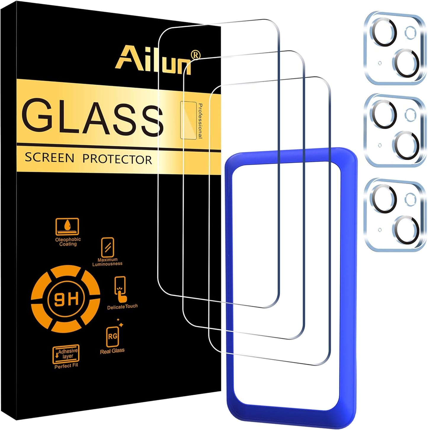 3 Pack Screen Protector for Iphone 16 [6.1 Inch] + 3 Pack Camera Lens Protector with Installation Frame,Case Friendly Tempered Glass Film,[9H Hardness] - HD [6 Pack]
