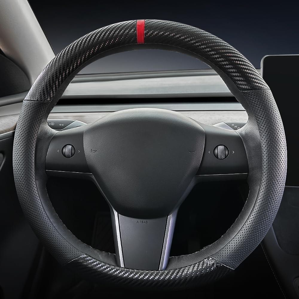 Carbon Fiber Leather Car Steering Wheel Cover ，For Tesla Model 3 / Model Y Steering Wheel Cover