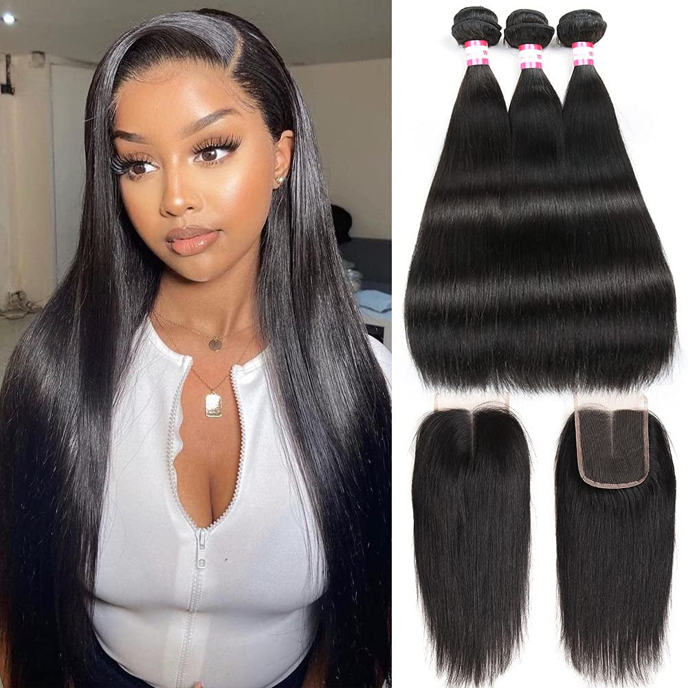 Straight Bundles with Closure Human Hair Bundles with Closure 4X4 Middle Part Lace Closure with Bundles Natural Black (24 26 26+20Inch Closure, Natural Black)…