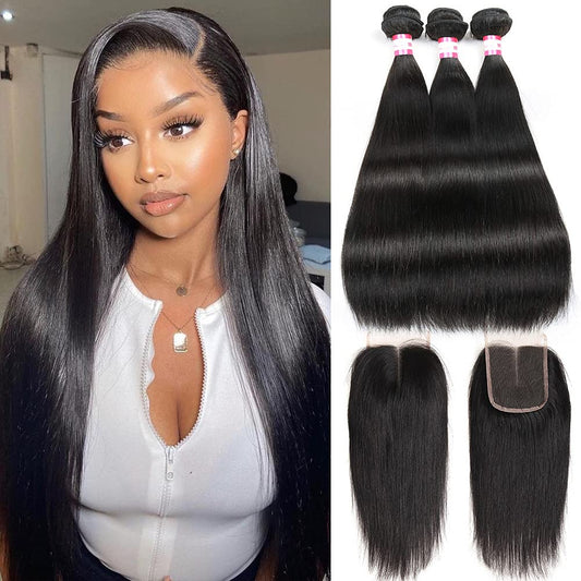 Straight Bundles with Closure Human Hair Bundles with Closure 4X4 Middle Part Lace Closure with Bundles Natural Black (24 26 26+20Inch Closure, Natural Black)…