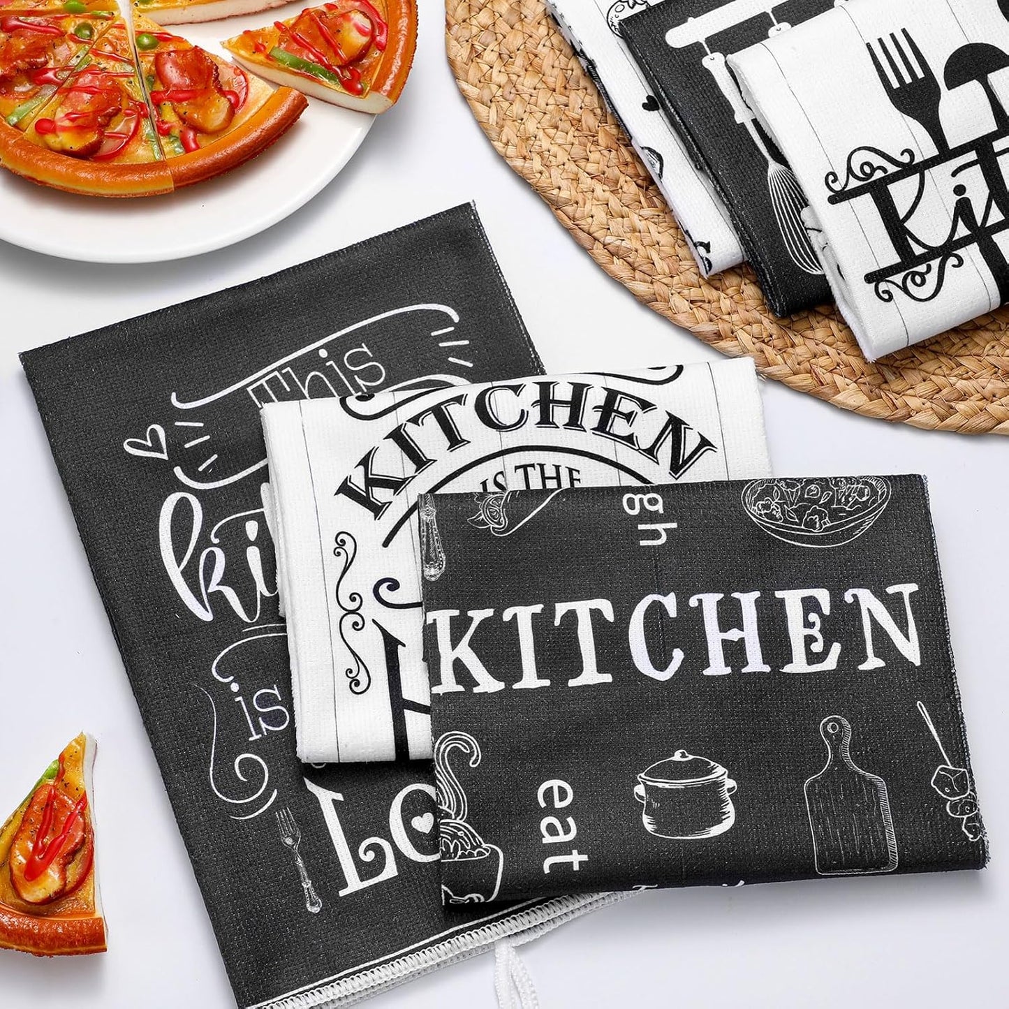 6 Pcs Kitchen Towels Sets Decorative Dish Towels Absorbent Fast Drying Hand Cloths Hanging Reusable Cleaning Dishcloths for Cooking Housewarming(Black White,Food)