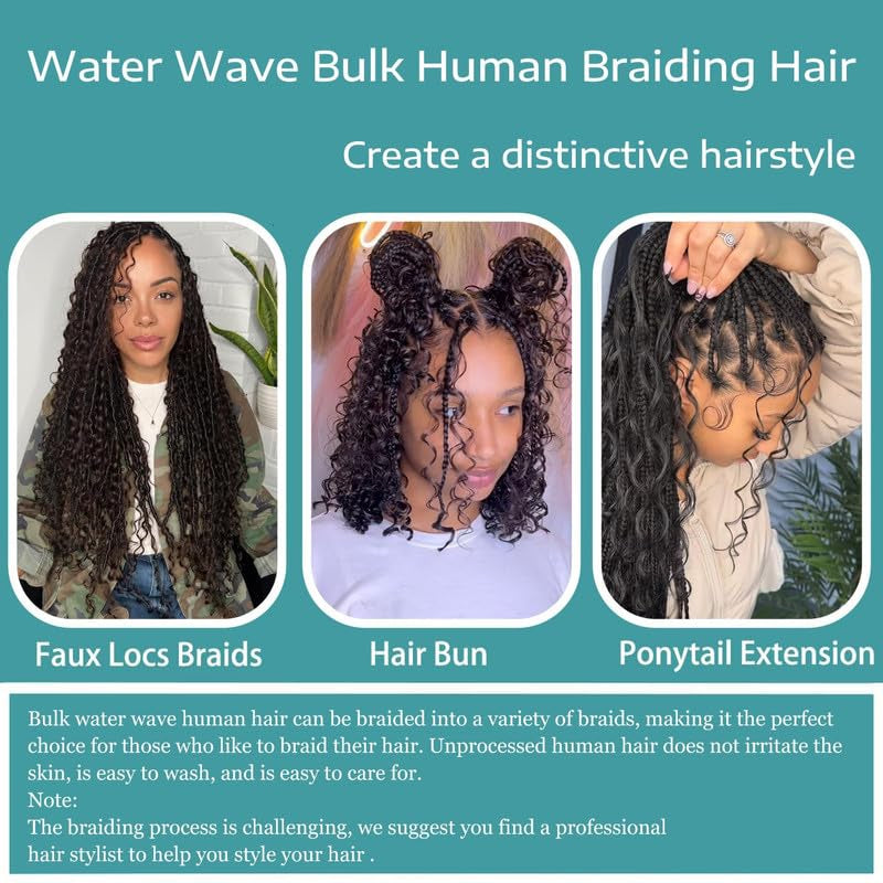 Human Braiding Hair 14Inch Water Wave Bulk Human Hair for Braiding 100G 2Bundle/Pack No Weft Human Hair Bundles for Braiding Micro Human Braiding Hair for Boho Braids(14Inch,Natural Black)
