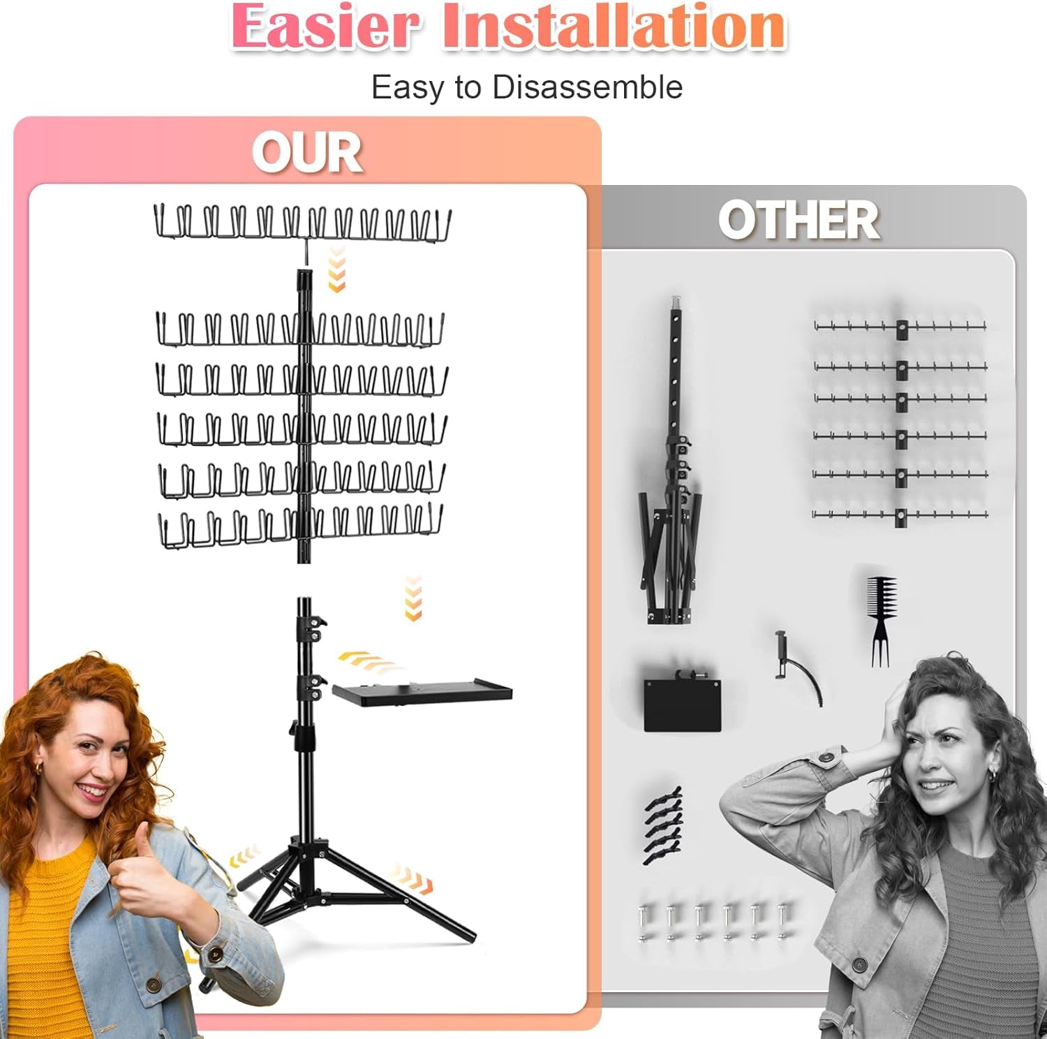 Braiding Hair Rack, with Salon Tray and Hair Braiding Kit, Portable Height Adjustable Hair Braiding Rack, Hair Racks for Braiders Standing -140 Pegs (Black)