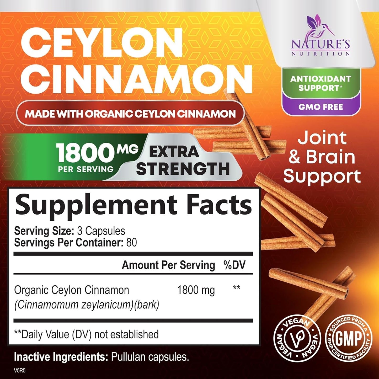 Organic Ceylon Cinnamon Supplement 1800Mg - Certified Organic Ceylon Cinnamon Powder Pills - Energy & Heart Support for Women & Men, Bottled in USA, Antioxidant, Gluten Free, Non-Gmo - 240 Capsules TLBH