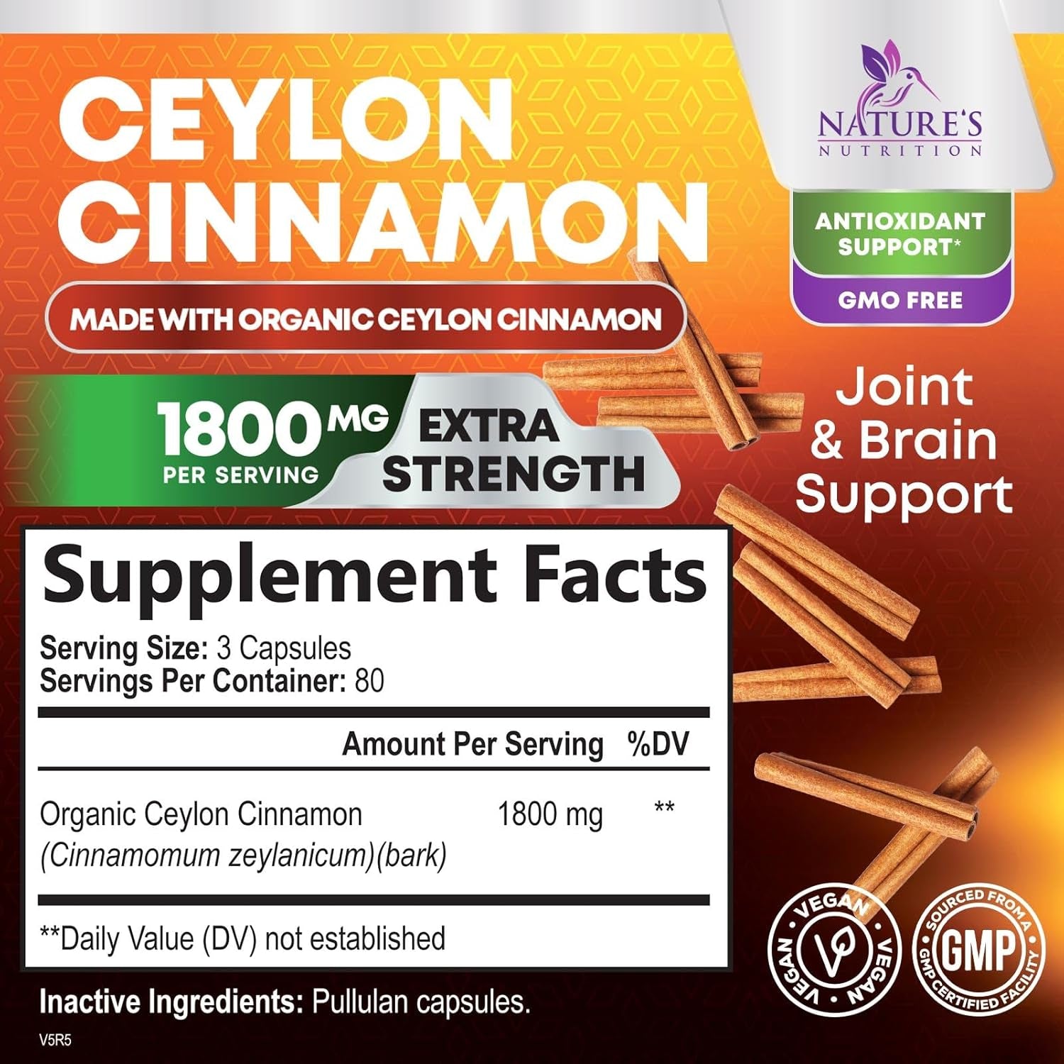 Organic Ceylon Cinnamon Supplement 1800Mg - Certified Organic Ceylon Cinnamon Powder Pills - Energy & Heart Support for Women & Men, Bottled in USA, Antioxidant, Gluten Free, Non-Gmo - 240 Capsules TLBH