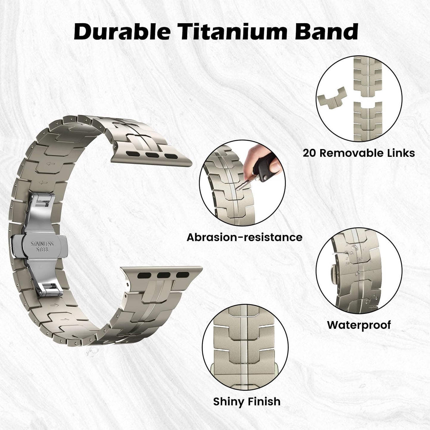 Titanium Band Compatible with Apple Watch 49Mm 45Mm 44Mm 42Mm, Adjustable Sport Strap Wristband for Iwatch Ultra2 Ultra Series 9/8/7/6/5/4/3/2/1/SE with Butterfly Buckle for Men, Titanium