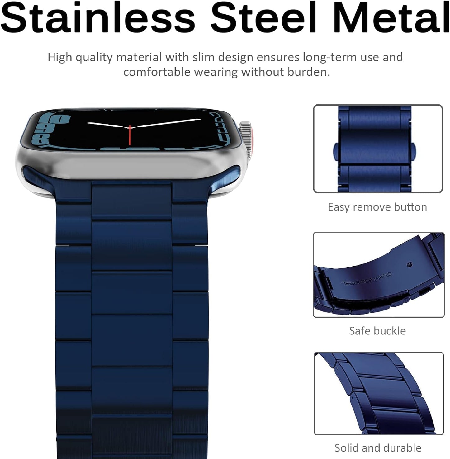 Compatible for Apple Watch Band 41Mm 38Mm 40Mm Strap Stainless Steel Metal for Women/Men Ultra- Thin Ajustable Band Strap for Apple Watch Series 9 8 7 6 5 4 3 2 1 SE2 SE Blue