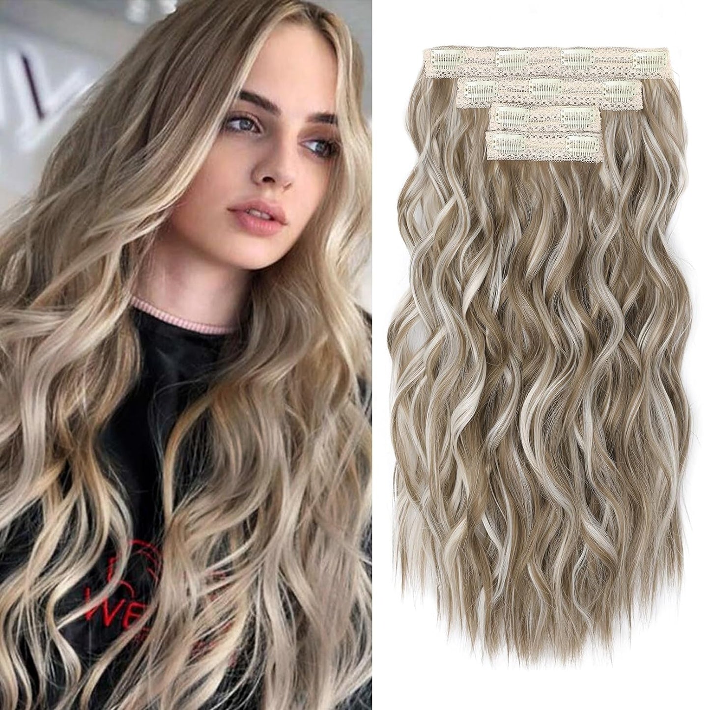 Clip in Hair Extensions, 4PCS 24" Thick Long Beach Waves Hair Extensions HE003 Invisible Lace Weft Natural Soft Hairpieces for Women – Ash Brown with Platinum Highlights