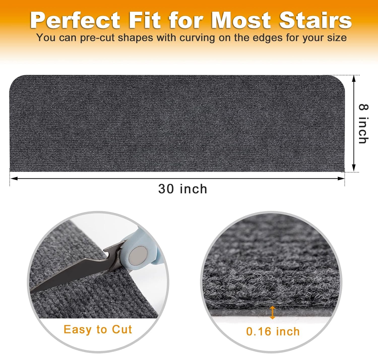 8X30In 15PCS Non-Slip Stair Treads Carpet, Self-Adhesive Stair Treads for Wooden Steps, Indoor Safety Staircase Step Treads, anti Slip Stair Runner Mats for Elders, Kids and Dogs (Dark Grey)