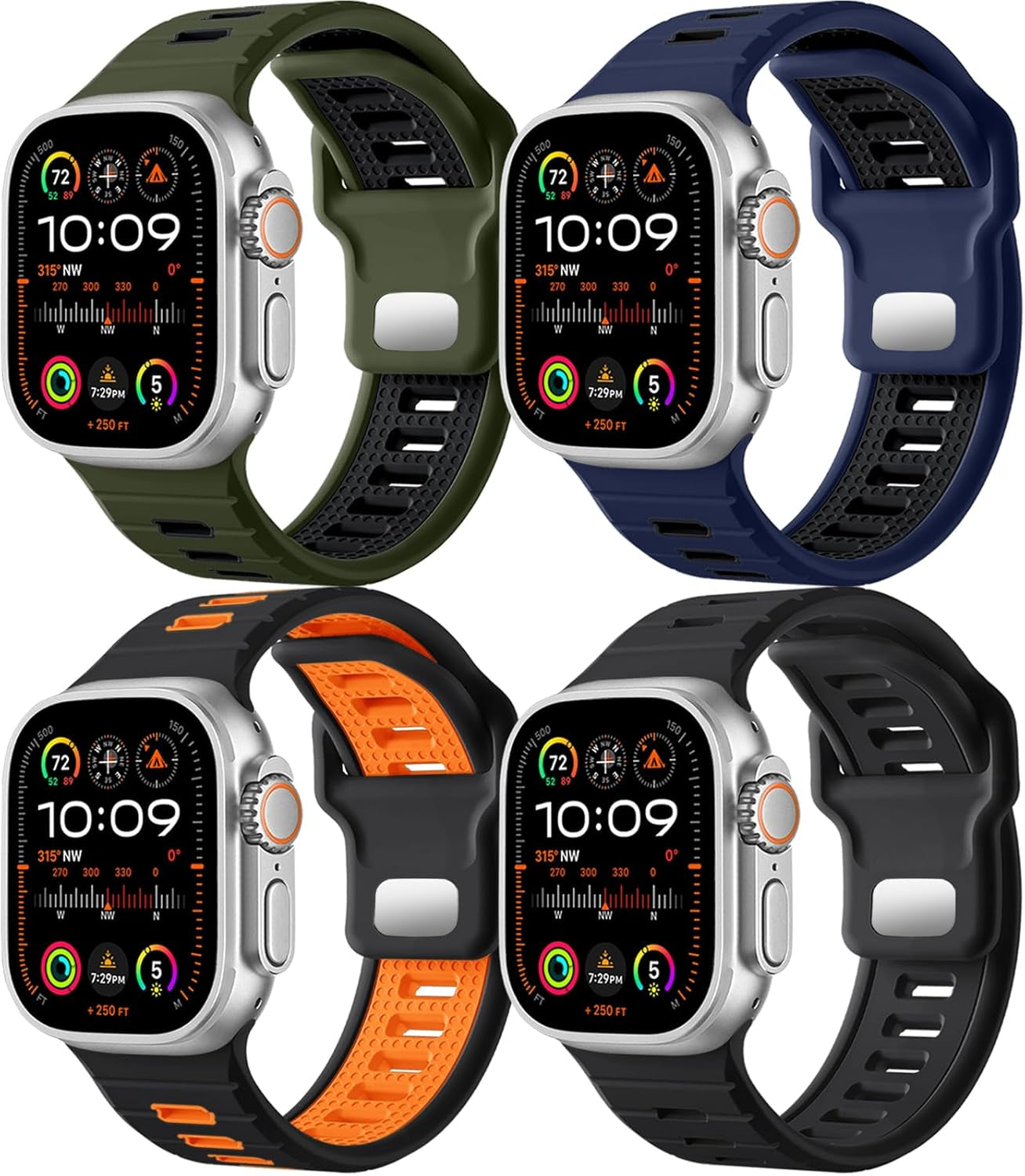 4 Pack Sport Bands Compatible with Apple Watch Ultra 2/Ultra Band,Compatible with Apple Watch Bands for Men 49Mm 45Mm 44Mm 42Mm,Silicone Replacement Strap Compatible with Iwatch Series 9-1 SE