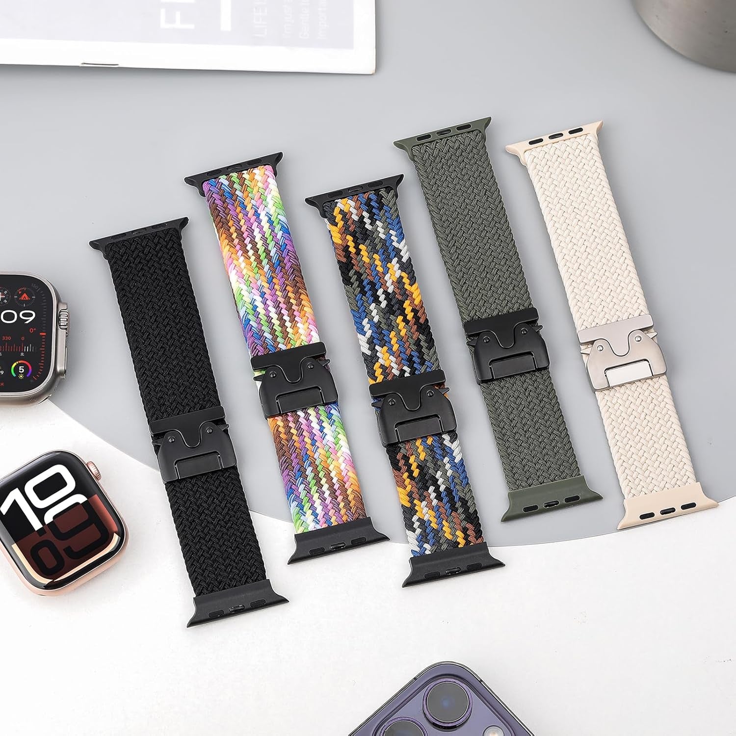 Braided Solo Loop for Apple Watch Ultra/2 Bands 49Mm 46Mm 45Mm 44Mm 42Mm Men/Women,Parachute Buckle Stretchy Elastic Nylon Sport Strap Wristband for Iwatch Bands Series 10 9 8 7 6 5 4 3 SE/2