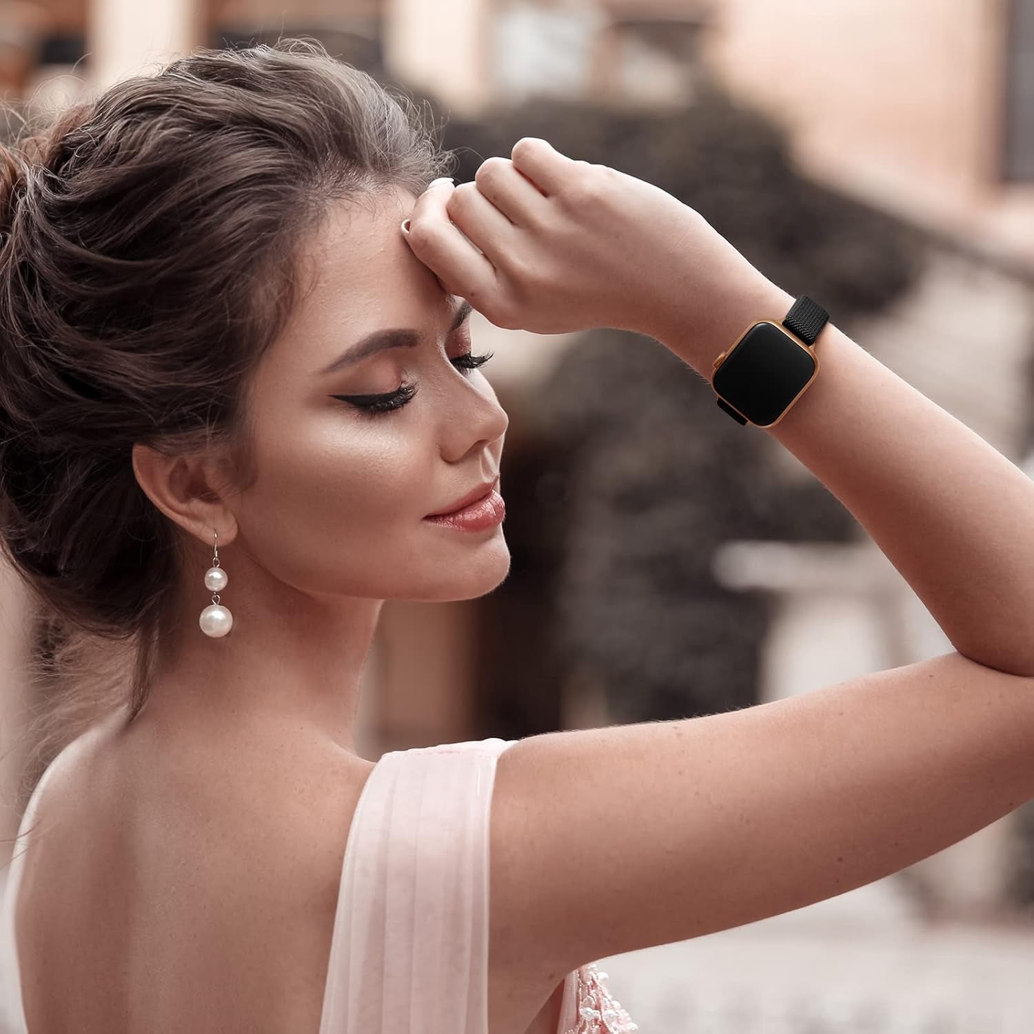 Slim Stretchy Bands Compatible with Apple Watch Band 41Mm 40Mm 38Mm, Women Elastics Nylon Thin Band Strap for Iwatch SE SE2 Series 9 8 7 6 5 4 3 2 1 (Black/Rose Gold, 41Mm 40Mm 38Mm)