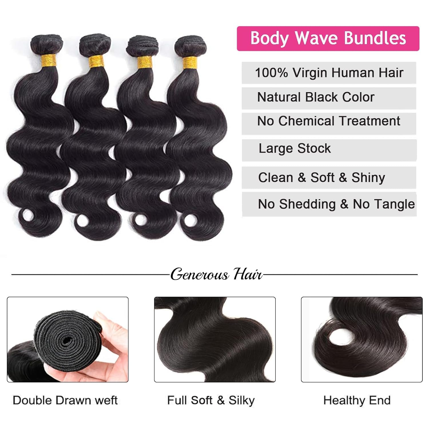 Body Wave Human Hair Bundles 4 Bundles 16 18 20 22 Inch 100% Unprocessed Brazilian Virgin Human Hair Bundles 12A Body Wave Bundles Human Hair Weave Extensions for Black Women Natural Black