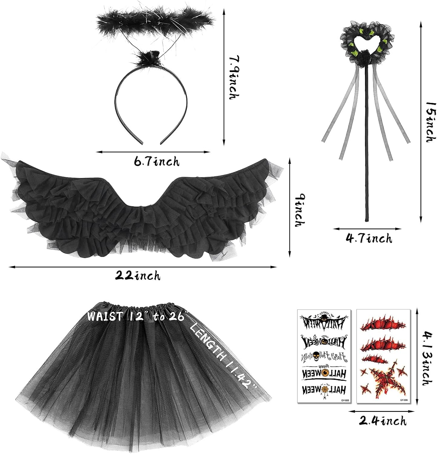 Black Angel Wings and Halo Costume for Girls 4-12, Set of 6 Fallen Angel Dress Halloween Costume Kit with Angel Wing, Halo, Dress, Devil Wand and Halloween Tattoo Stickers for Hallowee, Theme Parties