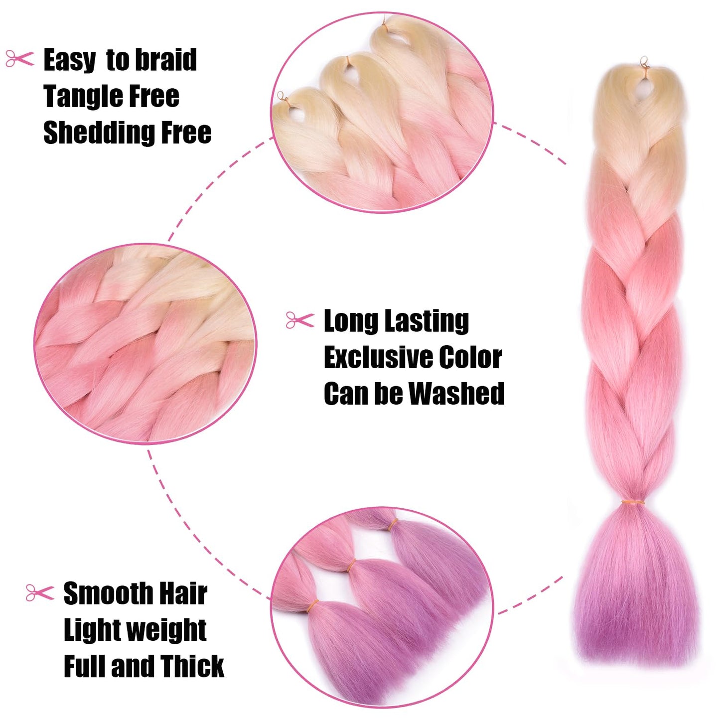 Blonde Braiding Hair Ombre Blonde Pink Purple Braiding Hair 3Pcs Ombre Synthetic Jumbo Braid Hair Extension for Braiding Twist Braids Kanekalon Hair 24 Inch Soft 100G/PC