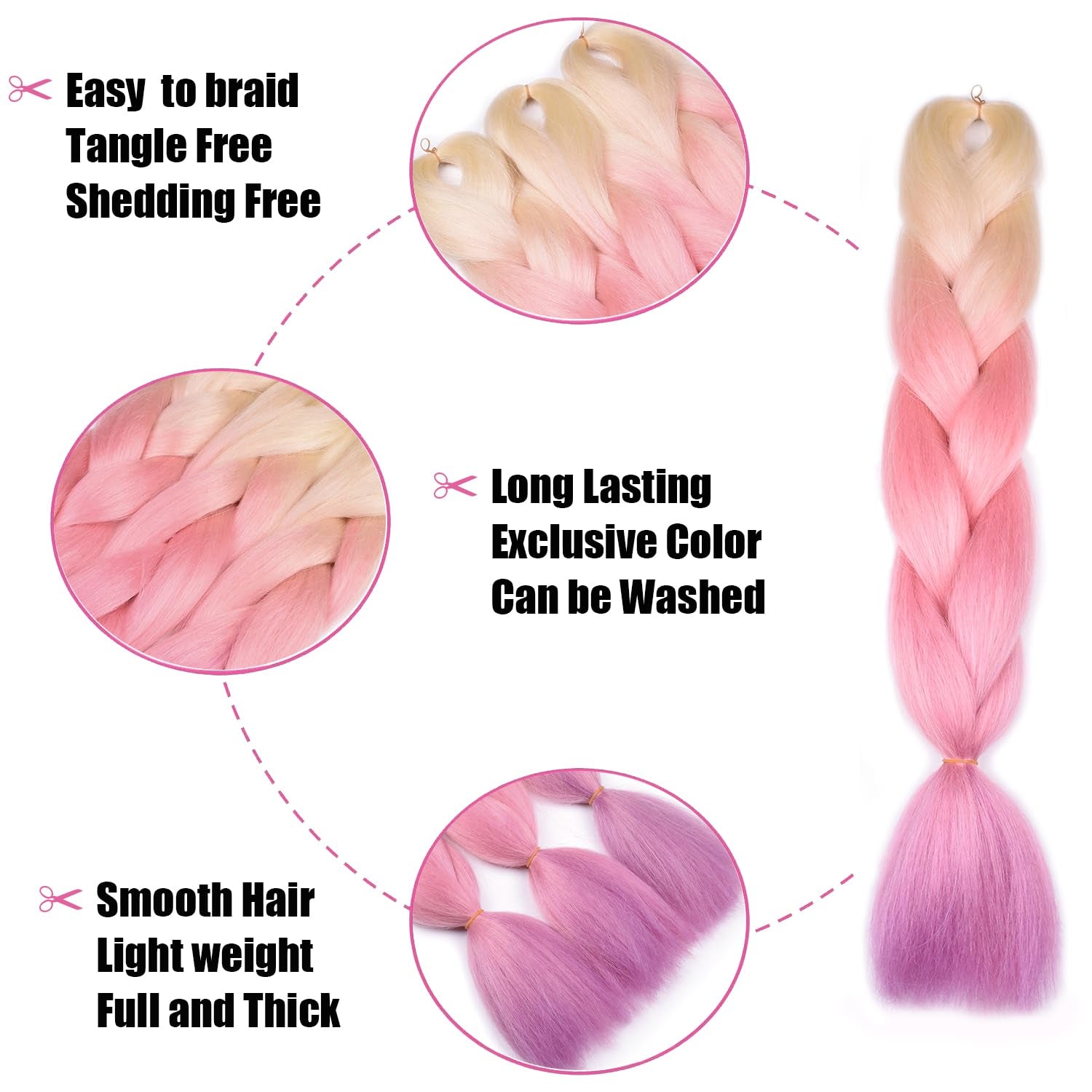 Blonde Braiding Hair Ombre Blonde Pink Purple Braiding Hair 3Pcs Ombre Synthetic Jumbo Braid Hair Extension for Braiding Twist Braids Kanekalon Hair 24 Inch Soft 100G/PC