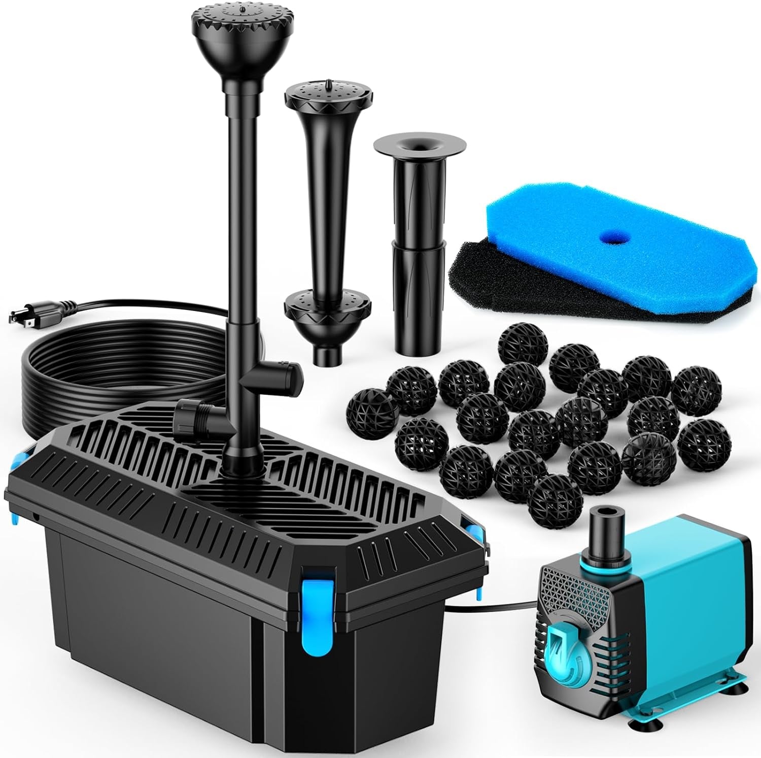 Pond Filter with Pump Fountain Kits, 660GPH Pond Filter with 40W Pond Pump & Fountain Kit, Koi Pond Filters for Outdoor Ponds Clean, Clear, and Add Water Features