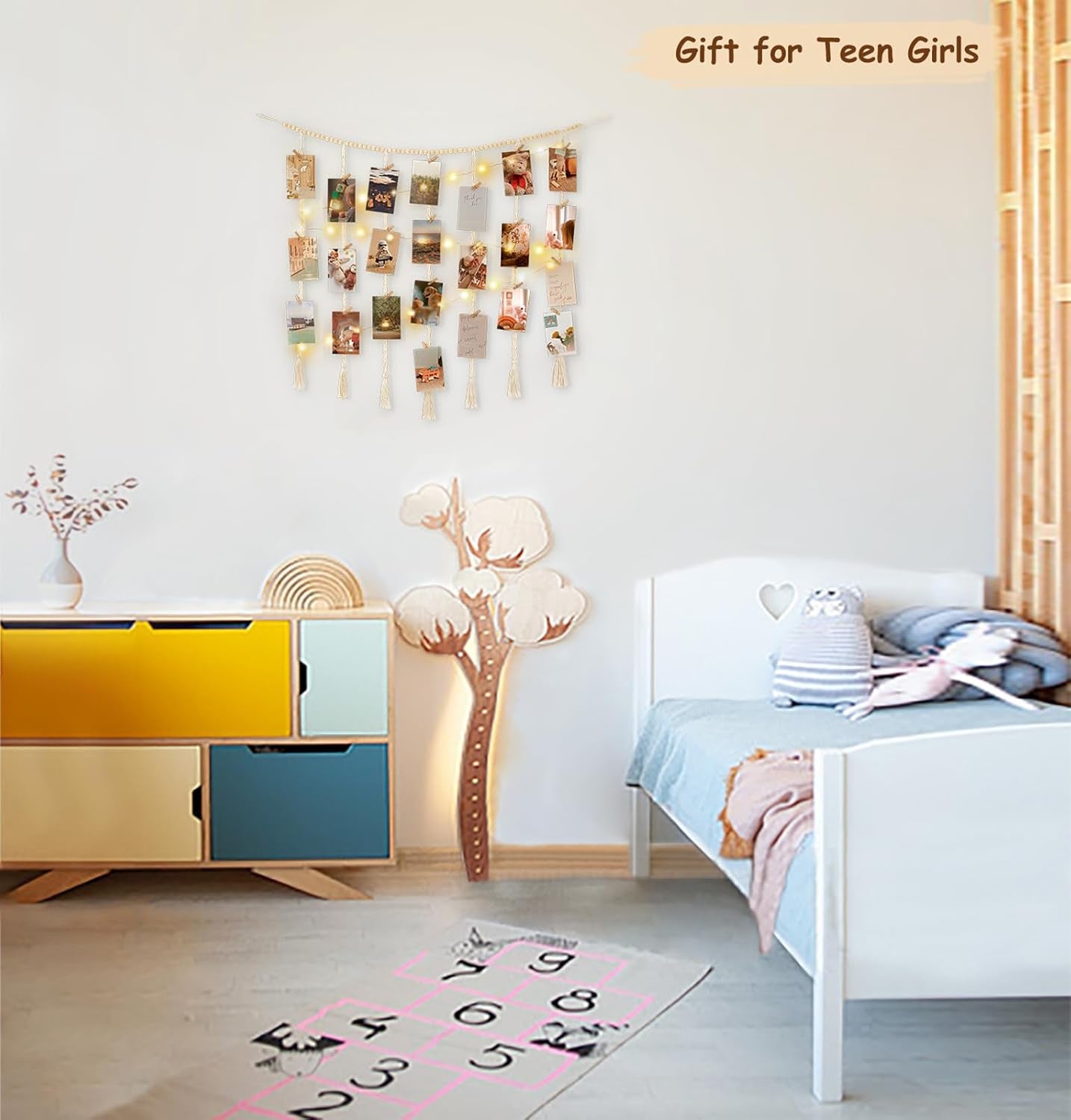 Macrame Hanging Photo Display Wall Decor with String Lights, Boho Wooden Beads Garland Collage Picture Card Frame Holder with 45 Clips for Bedroom Living Room Dorm, Teen Girls Christmas Gifts