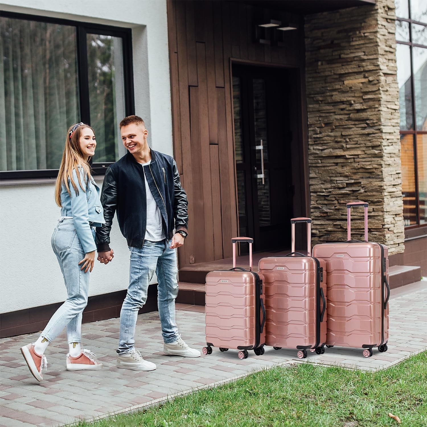 Luggage Set 3 Piece, PC+ABS Lightweight Suitcase Sets with Spinner Wheels, Hard Shell Luggage Sets with TSA Lock Rosegold (20/24/28)