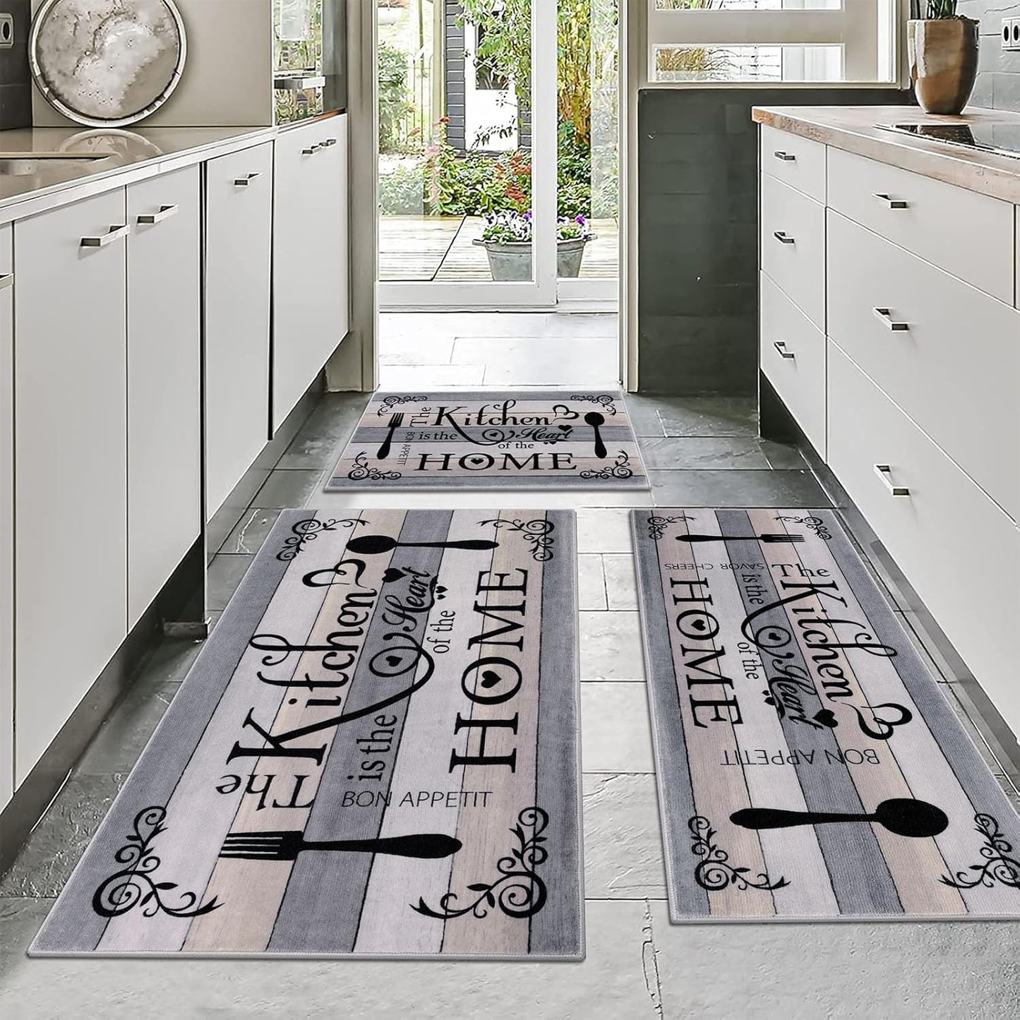 Boho Kitchen Rug Sets 3 Pieces, Washable Kitchen Mats for Floor, Non Slip Soft Kitchen Area Rug Floor Mat for Kitchen, Laundry Room and Hallway (Teal, 20''X32''+20''X47''+20''X59'')