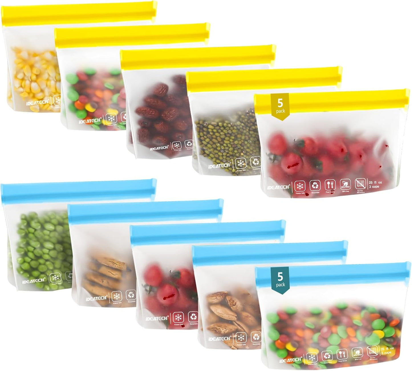 20Pack Dishwasher Safe Reusable Bags, Leakproof Reusable Freezer Bags, BPA Free Reusable Food Storage Bags Sandwich Bags Snack Bags for Lunch Travel(8 Gallon 6 Quart 6 Snack,Colored)