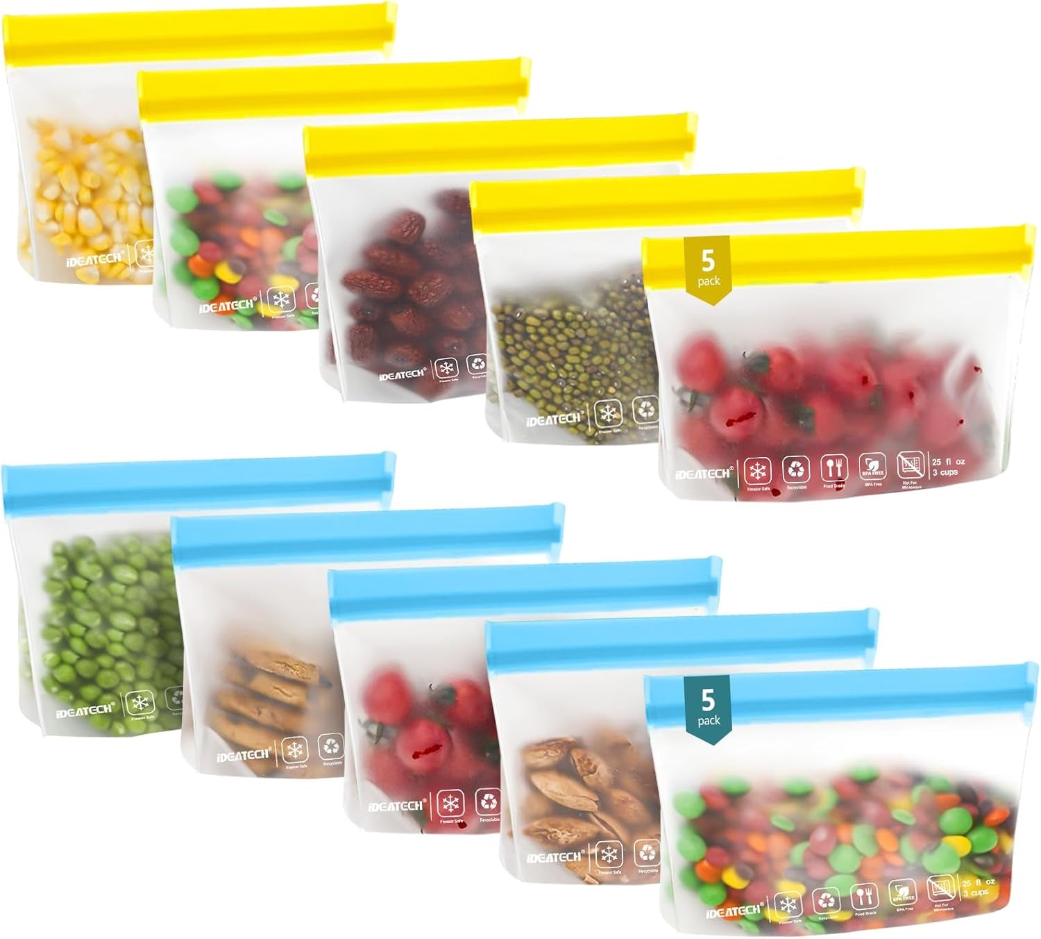 20Pack Dishwasher Safe Reusable Bags, Leakproof Reusable Freezer Bags, BPA Free Reusable Food Storage Bags Sandwich Bags Snack Bags for Lunch Travel(8 Gallon 6 Quart 6 Snack,Colored)