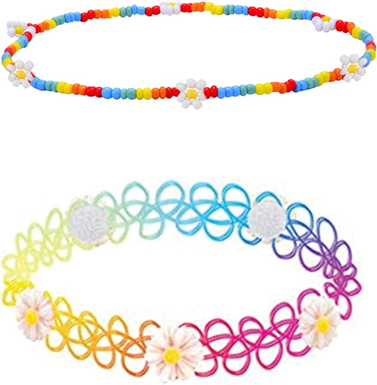 2PC Tattoo Choker Necklace - 90S Choker Necklace Women - 2000S Y2K Black Chokers Rainbow Choker - Butterfly Ying Yang Unicorn Rainbow Charms - Stretchy Elastic Necklace